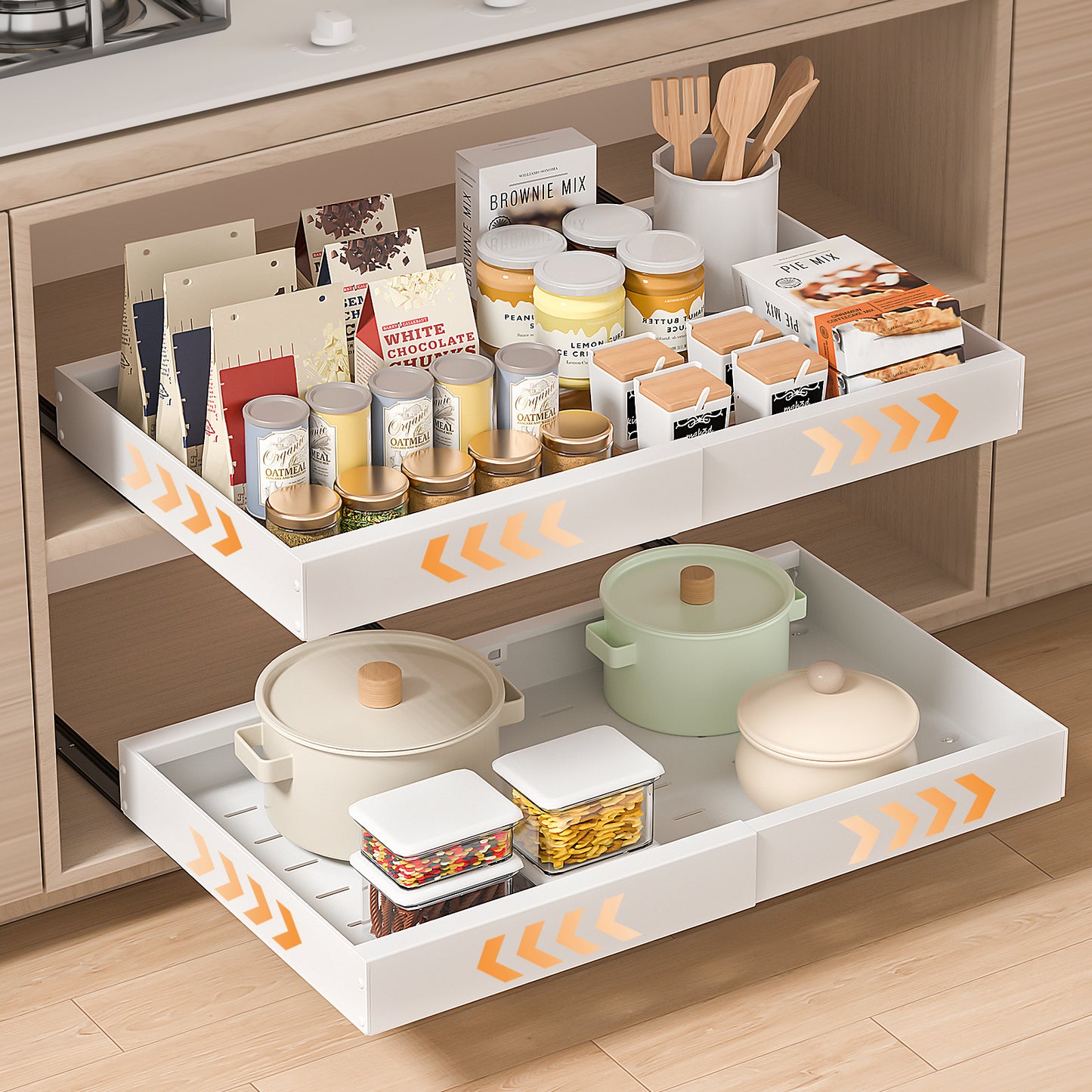 PNNP 2-Piece Telescopic Drawer Extendable Kitchen Drawer: Width Adjustable 32-53 cm with Self-Adhesive Pull-Out Rails No Drilling Required for Retrofitting and Organizing Cabinets | White