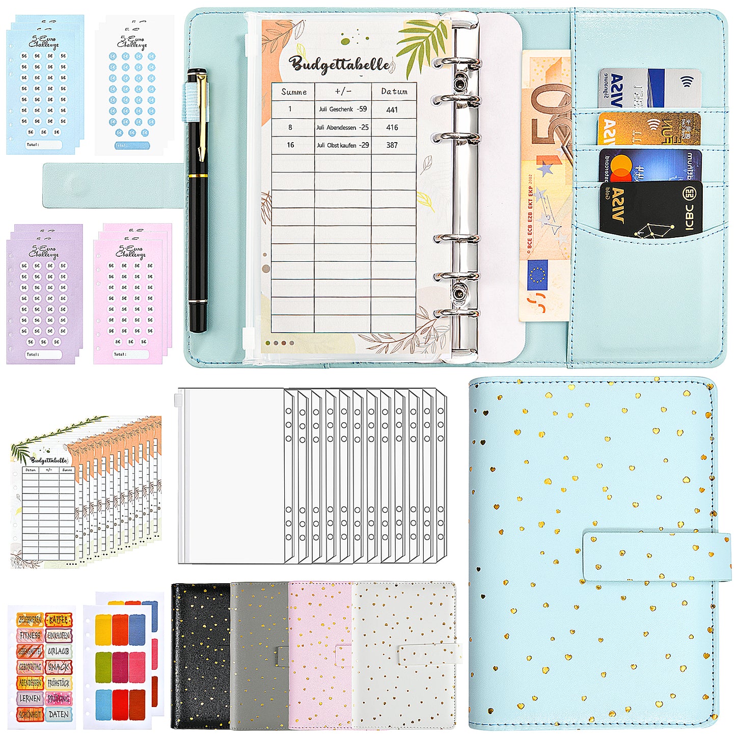 GoMaihe Budget Planner Deutsch - Budget Binder mit Geld Organizer - A6 PU Leder Budgetplaner Finanzplaner Cash Stuffing Haushaltsbuch mit Geldfacher- Budgetplaner Sparbuch mit Folien, Bronzieren Blau