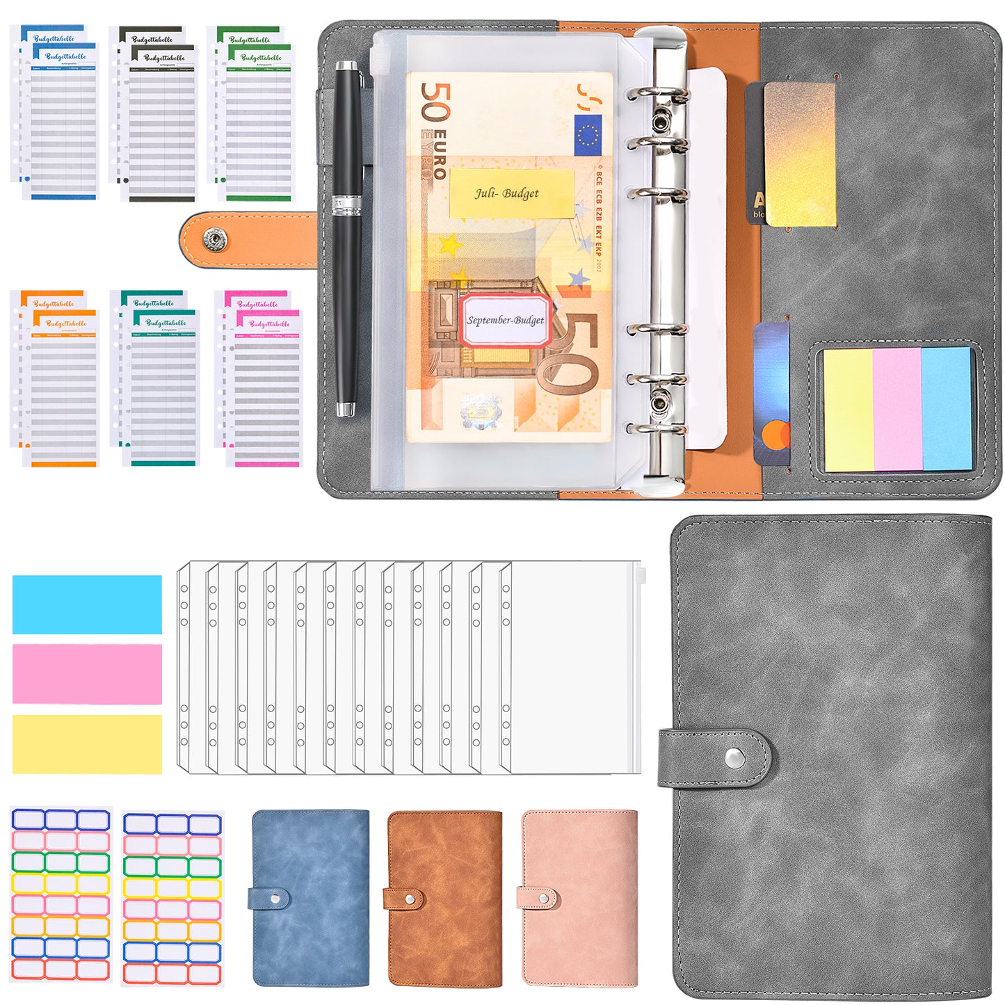 GoMaihe Budget Planner Deutsch - Budget Binder mit Geld Organizer - A6 PU Leder Budgetplaner Finanzplaner Cash Stuffing Haushaltsbuch mit Geldfacher- Bugetplaner Sparbuch mit Folien, Grau