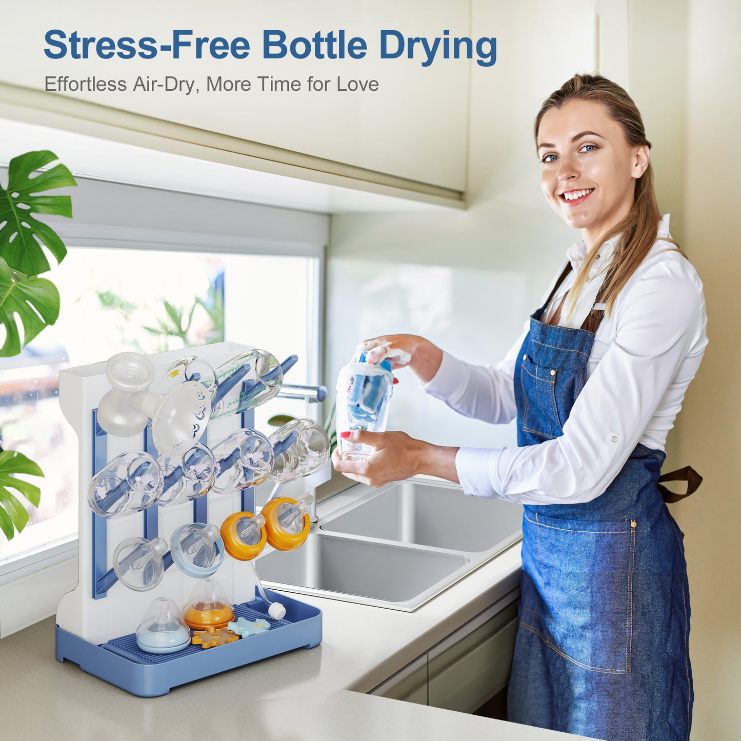 GoMaihe Baby Bottle Drying Rack: Space Saving Vertical Bottle Dryer Holder - Baby Accessories Storage Stand Organize Brushes Pacifiers on Countertop - BPA-Free - Blue