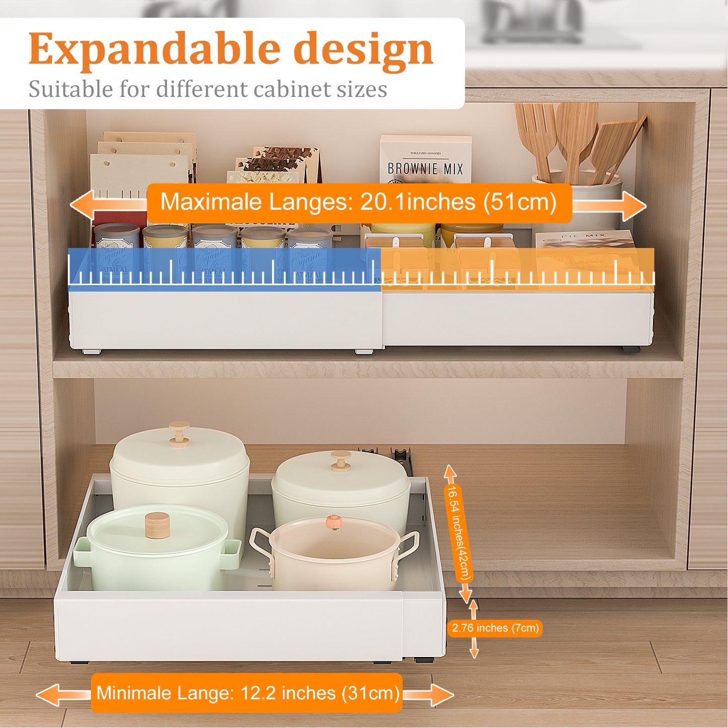 PNNP 2-Piece Telescopic Drawer Extendable Kitchen Drawer: Width Adjustable 32-53 cm with Self-Adhesive Pull-Out Rails No Drilling Required for Retrofitting and Organizing Cabinets | White