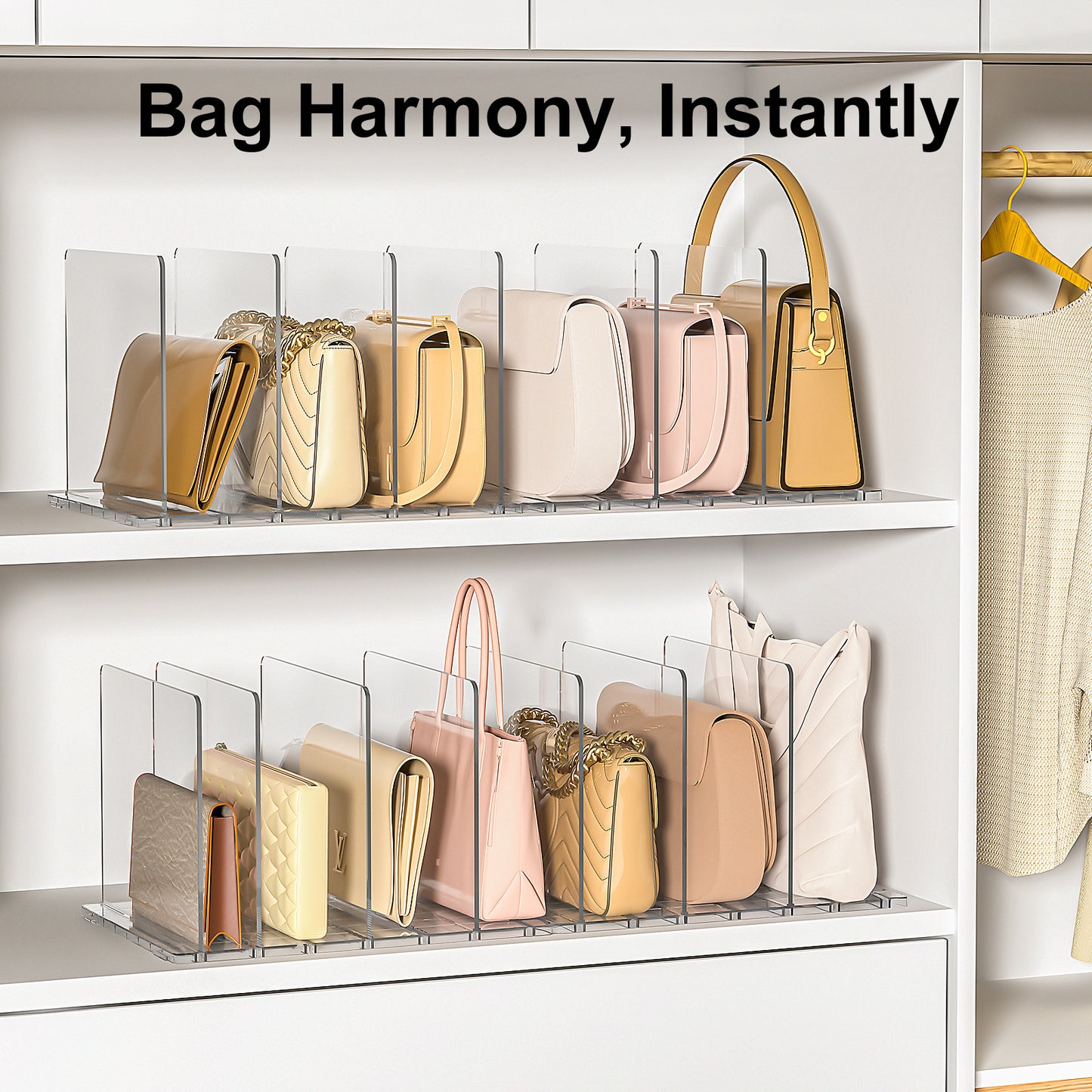 Bag Purse Organizer for Closet: 4-Pack Shelf Dividers Adjustable Acrylic Handbag Storage - Plastic Closet Organizers and Storage for Clutches - Keep Carteras & Pocketbook Upright