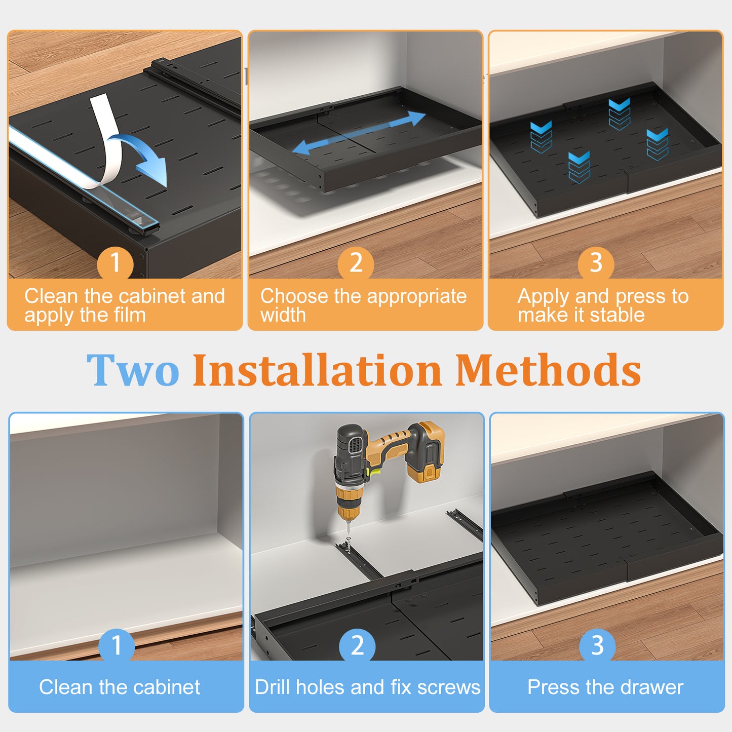 PNNP 2 pieces telescopic drawer extendable kitchen drawer: width adjustable 32-53 cm with self-adhesive pull-out rails without drilling for retrofitting and organizing cupboards | Black