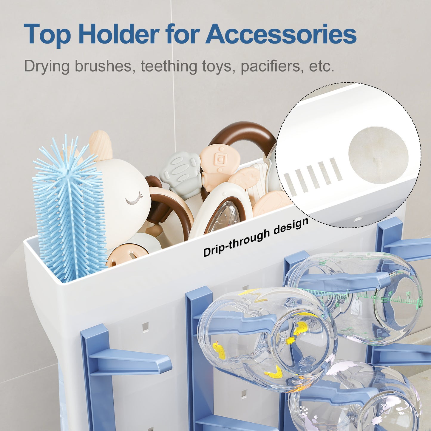 GoMaihe Baby Bottle Drying Rack: Space Saving Vertical Bottle Dryer Holder - Baby Accessories Storage Stand Organize Brushes Pacifiers on Countertop - BPA-Free - Blue
