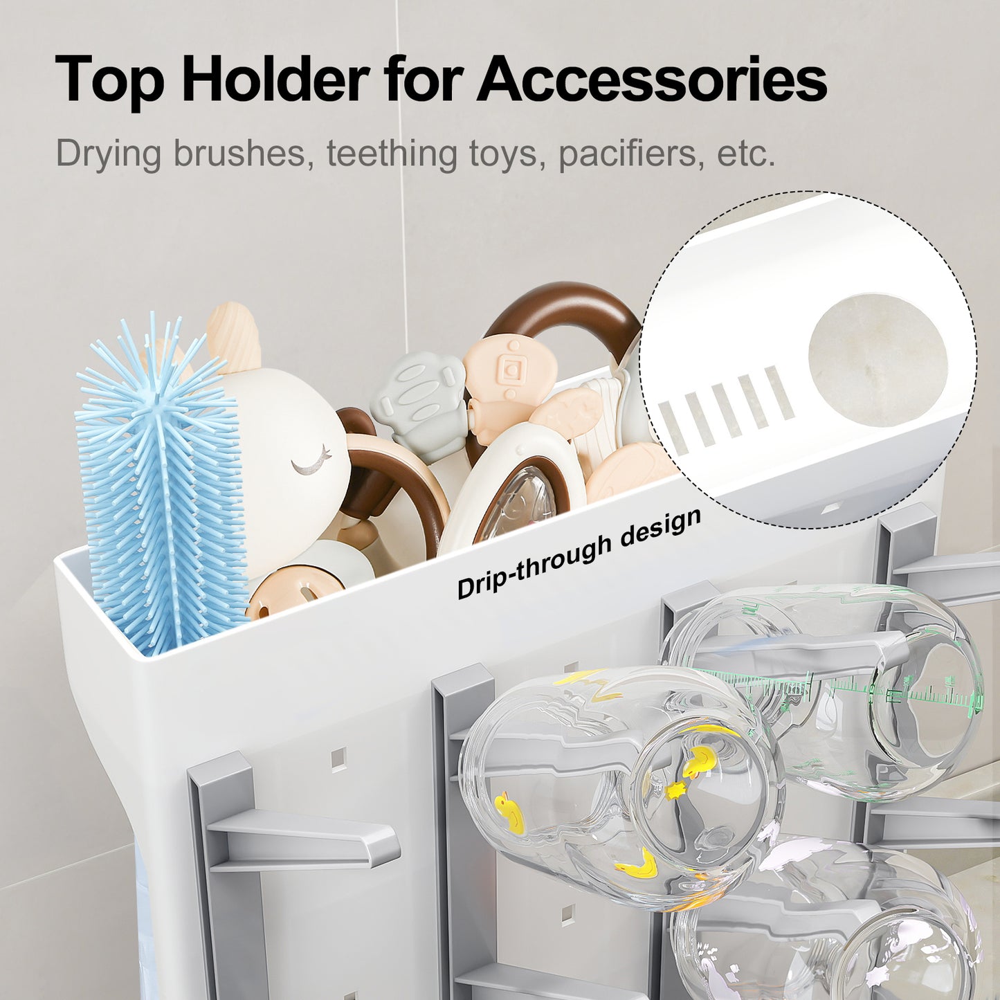 GoMaihe Baby Bottle Drying Rack: Space Saving Vertical Bottle Dryer Holder - Baby Accessories Storage Stand Organize Brushes Pacifiers on Countertop - BPA-Free - Gray