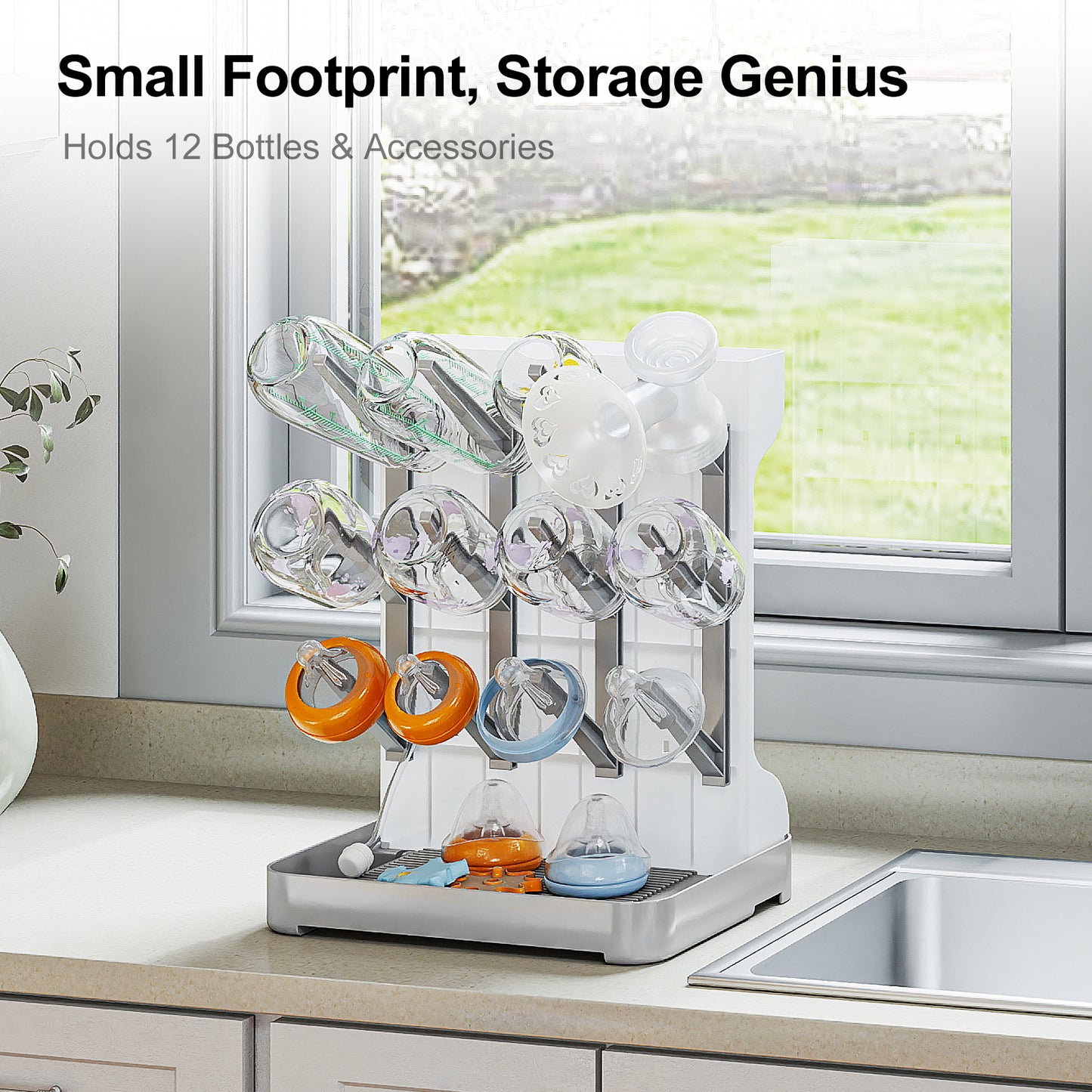 GoMaihe Baby Bottle Drying Rack: Space Saving Vertical Bottle Dryer Holder - Baby Accessories Storage Stand Organize Brushes Pacifiers on Countertop - BPA-Free - Gray