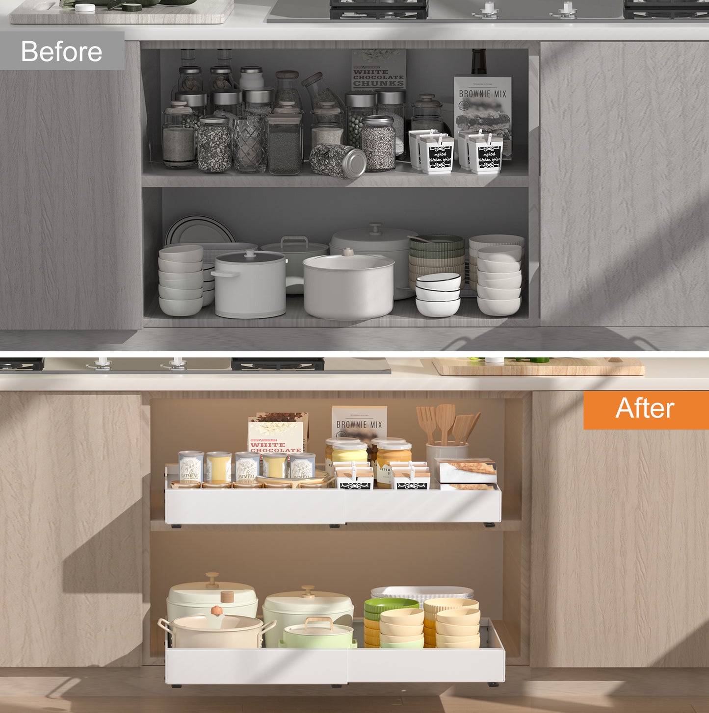 PNNP 2-Piece Telescopic Drawer Extendable Kitchen Drawer: Width Adjustable 32-53 cm with Self-Adhesive Pull-Out Rails No Drilling Required for Retrofitting and Organizing Cabinets | White