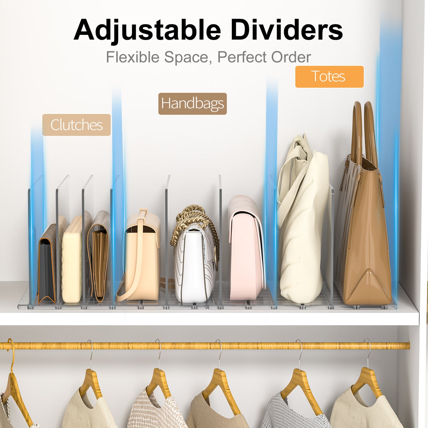 Bag Purse Organizer for Closet: 4-Pack Shelf Dividers Adjustable Acrylic Handbag Storage - Plastic Closet Organizers and Storage for Clutches - Keep Carteras & Pocketbook Upright