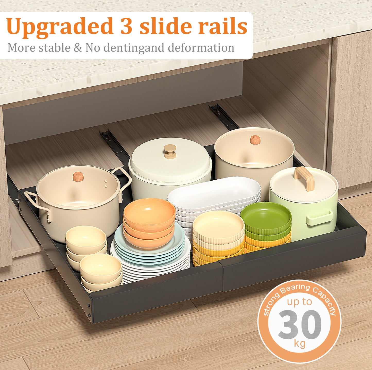 PNNP 2 pieces telescopic drawer extendable kitchen drawer: width adjustable 32-53 cm with self-adhesive pull-out rails without drilling for retrofitting and organizing cupboards | Black