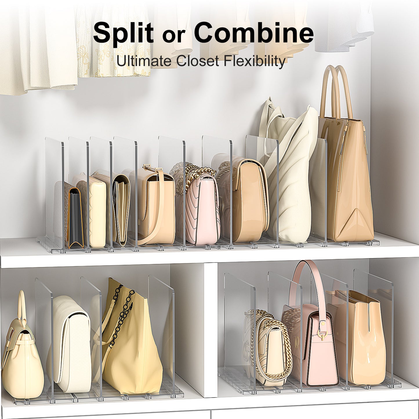 Bag Purse Organizer for Closet: 4-Pack Shelf Dividers Adjustable Acrylic Handbag Storage - Plastic Closet Organizers and Storage for Clutches - Keep Carteras & Pocketbook Upright