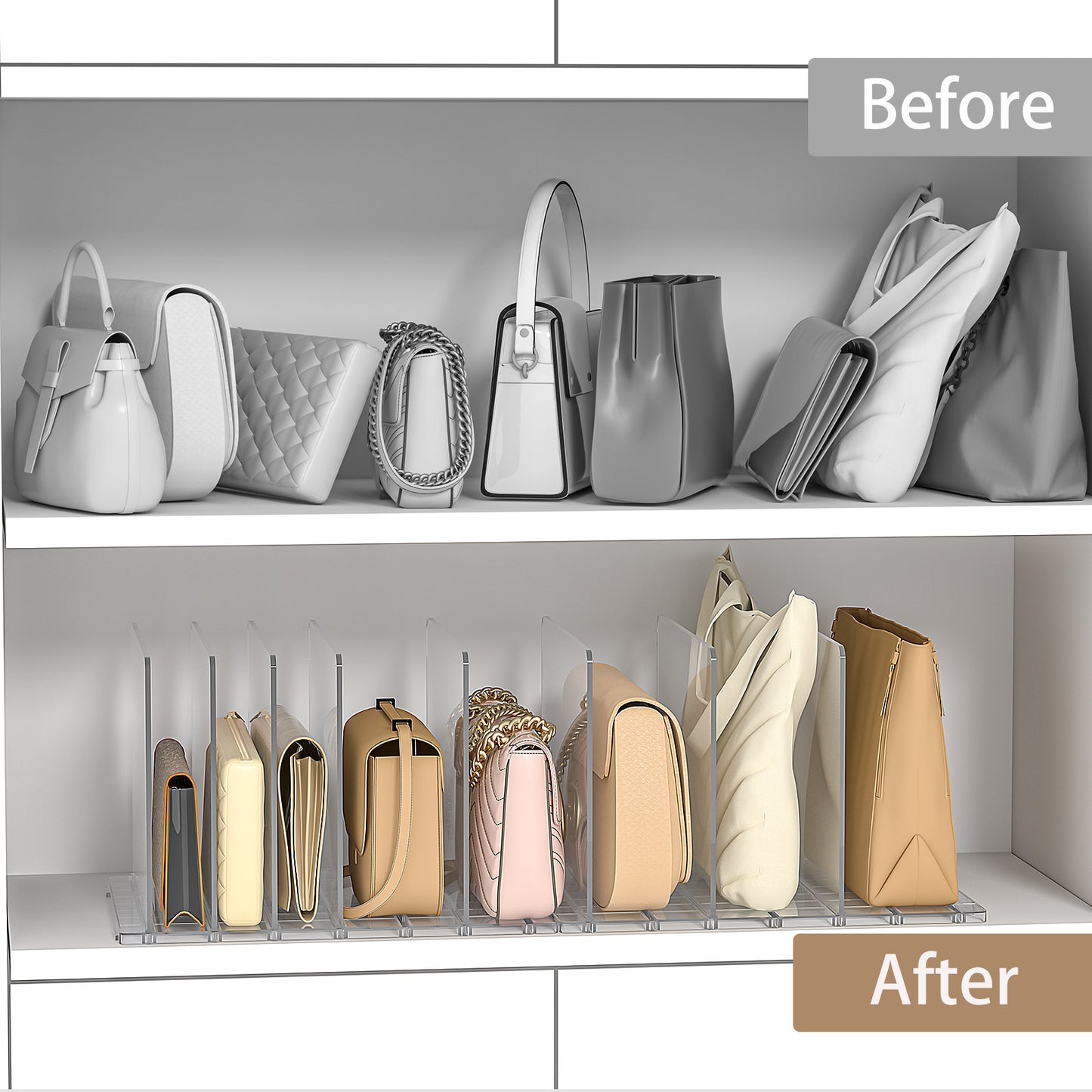Bag Purse Organizer Accessories: 2-Dividers Plastic Clutch Dividers for Closet Organizers and Storage - Keep Carteras & Pocketbook Upright