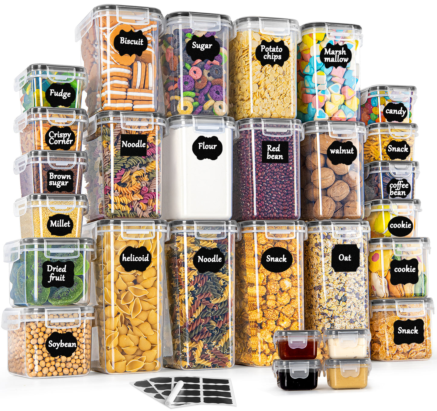 GoMaihe Storage Jars, Set of 28, Storage Box, Kitchen Organiser, Airtight Storage Container, Plastic with Lid, Storage Container for Cereal, Flour, Coffee Beans, Cornflakes, Storage, 2 L, 1.4 L, 0.8