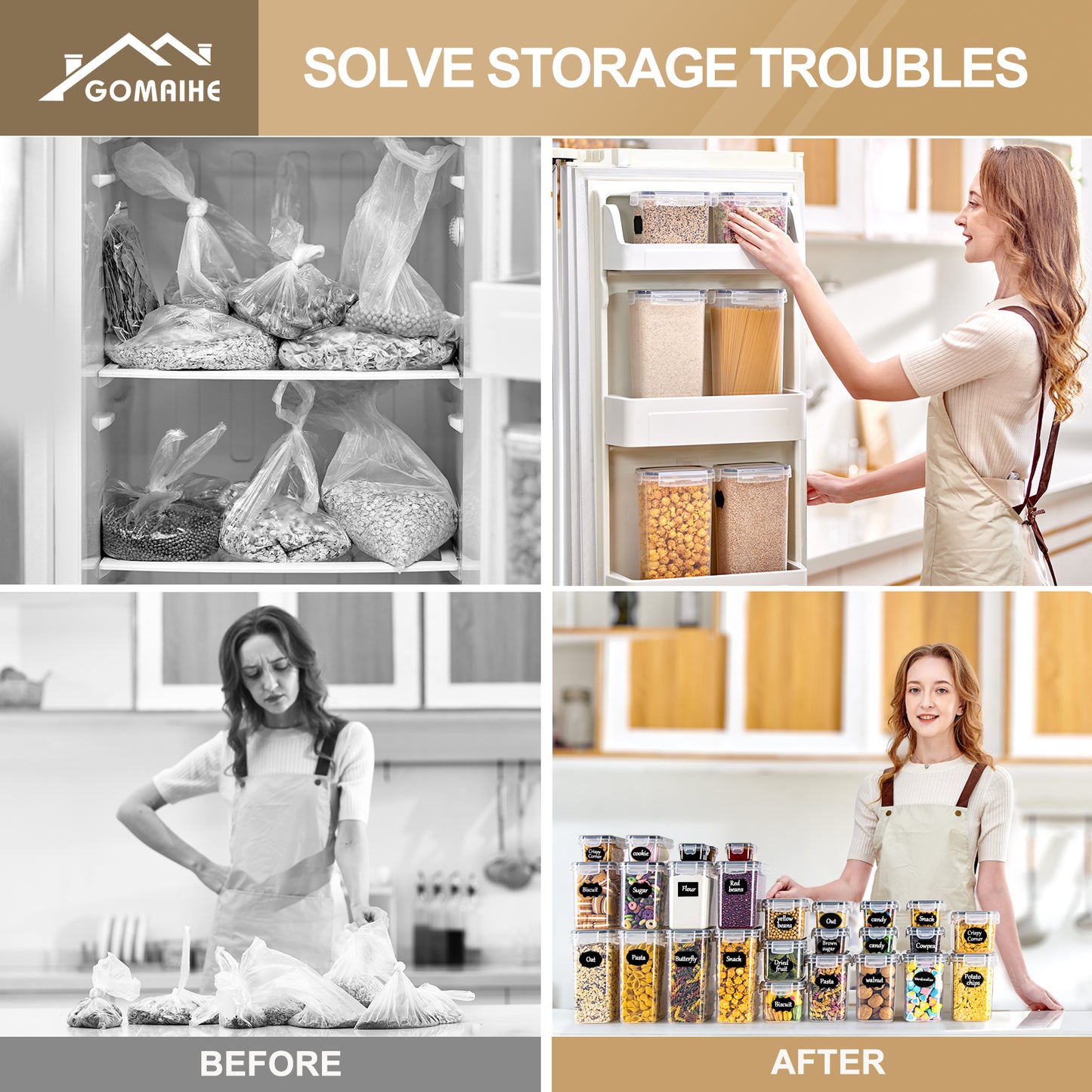 GoMaihe Storage Jars, Set of 28, Storage Box, Kitchen Organiser, Airtight Storage Container, Plastic with Lid, Storage Container for Cereal, Flour, Coffee Beans, Cornflakes, Storage, 2 L, 1.4 L, 0.8