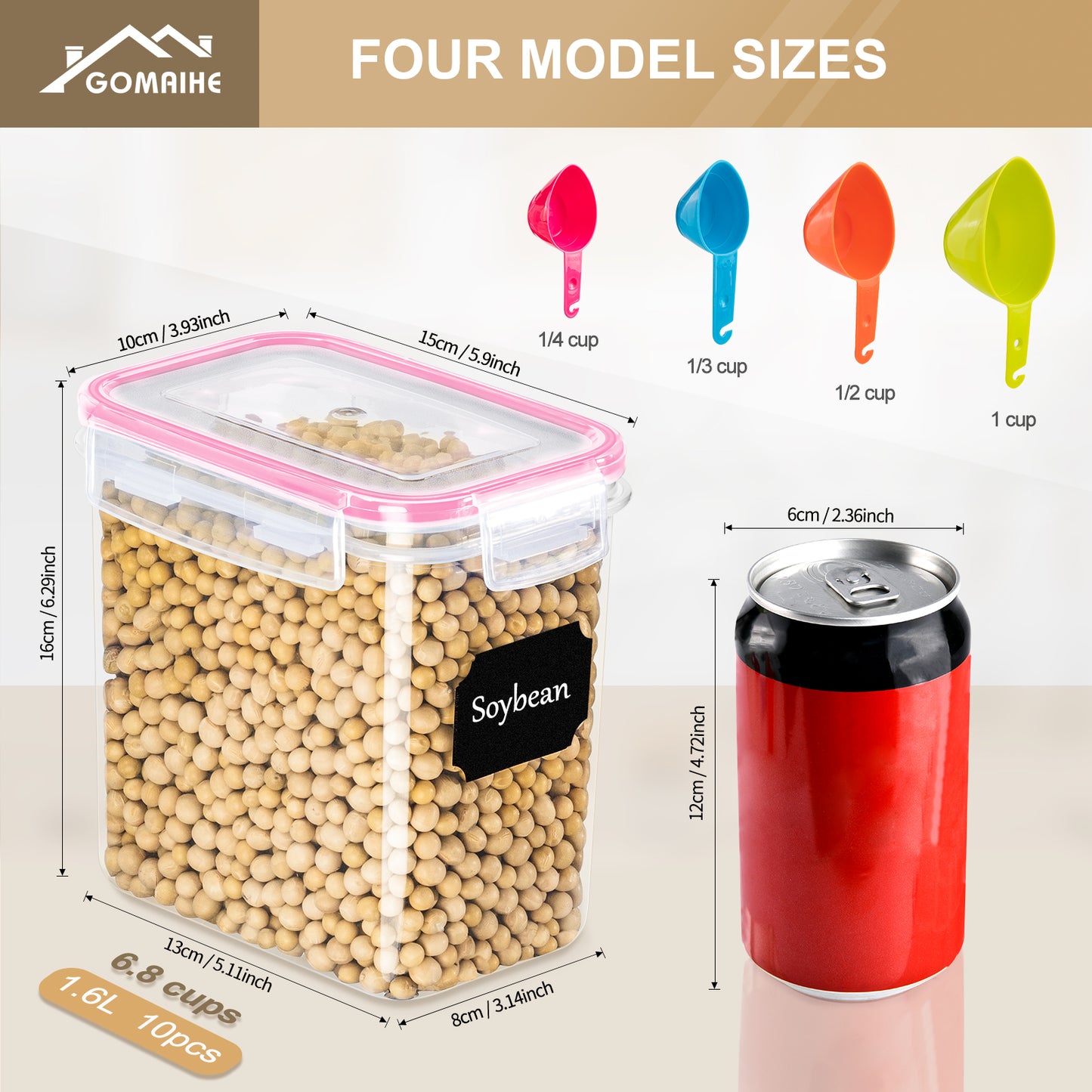 GoMaihe 1.6L Cereal Storage Containers Set of 10, pink