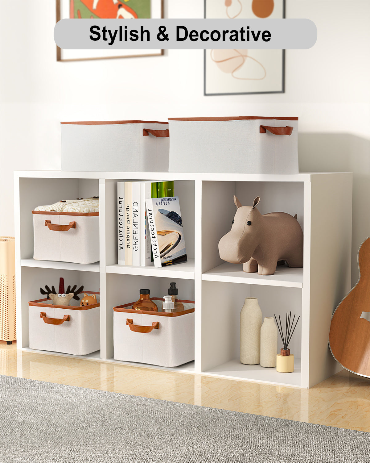 Storage Box Made of Fabric, Collapsible for Wardrobe: Storage basket with leather handle for shelves, children's room, bedroom, living room | 5 Pack | 37x26x20cm(24L) | Beige