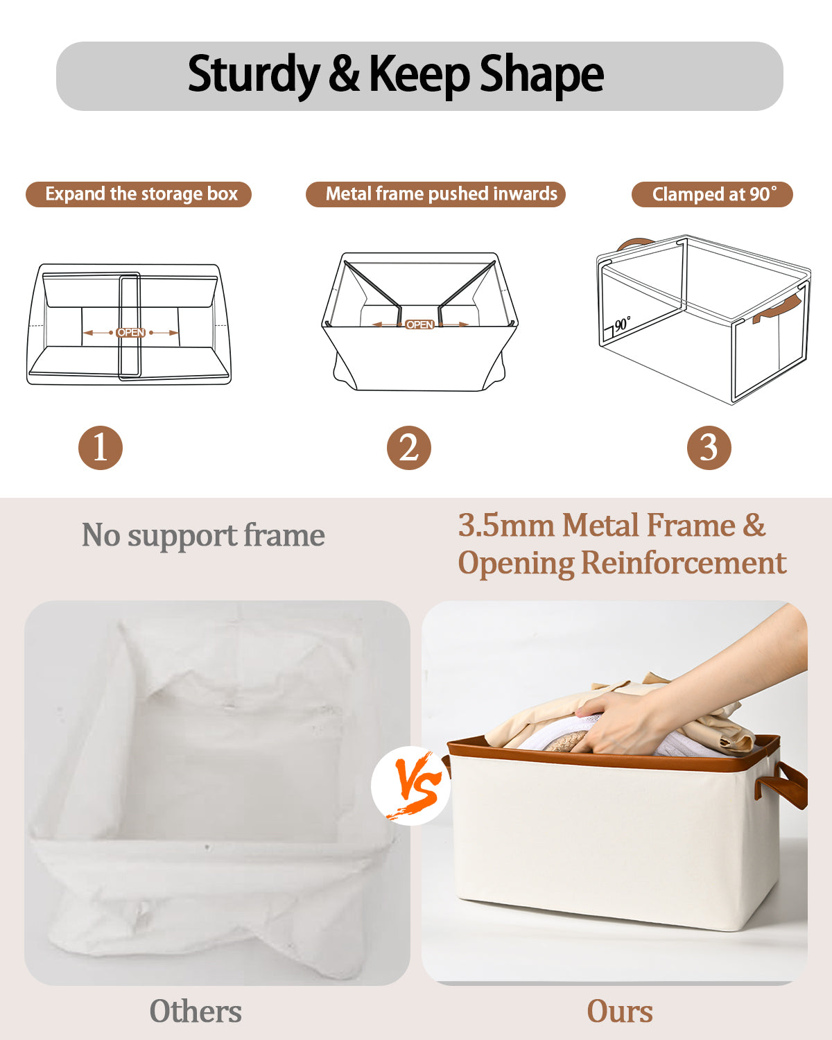 Storage Box Made of Fabric, Collapsible for Wardrobe: Storage basket with leather handle for shelves, children's room, bedroom, living room | 5 Pack | 37x26x20cm(24L) | Beige