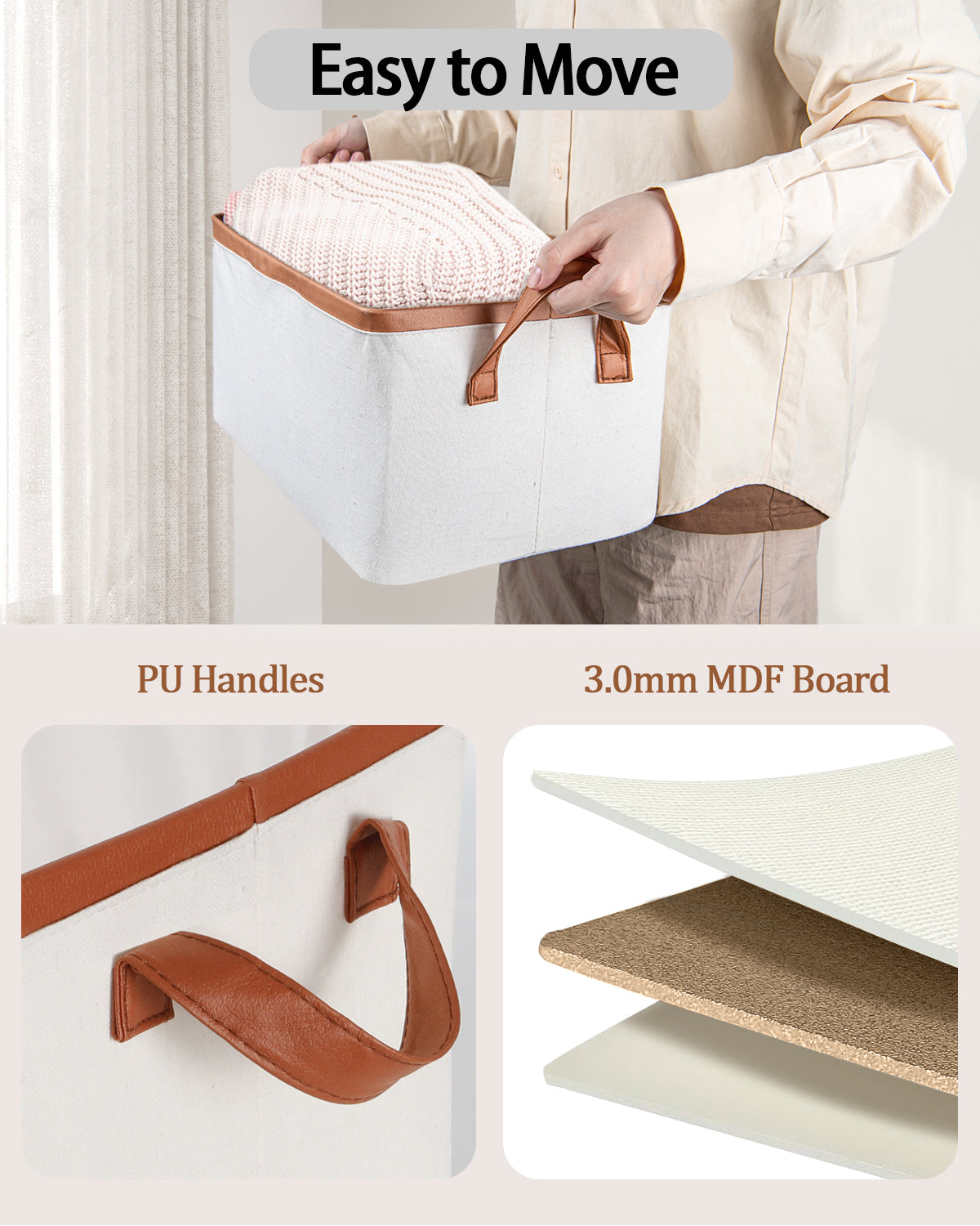 Storage Box Made of Fabric, Collapsible for Wardrobe: Storage basket with leather handle for shelves, children's room, bedroom, living room | 5 Pack | 37x26x20cm(24L) | Beige