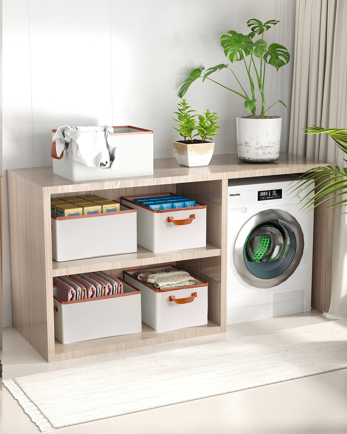 Storage Box Made of Fabric, Collapsible for Wardrobe: Storage basket with leather handle for shelves, children's room, bedroom, living room | 5 Pack | 37x26x20cm(24L) | Beige