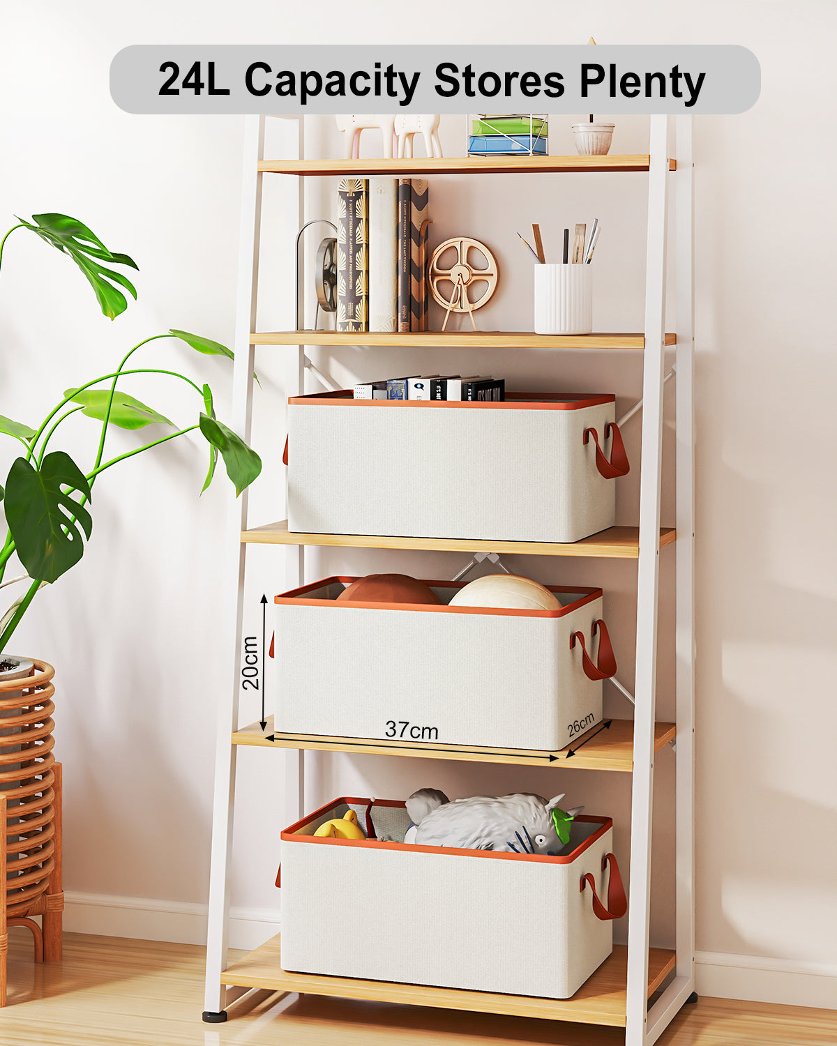 Storage Box Made of Fabric, Collapsible for Wardrobe: Storage basket with leather handle for shelves, children's room, bedroom, living room | 5 Pack | 37x26x20cm(24L) | Beige