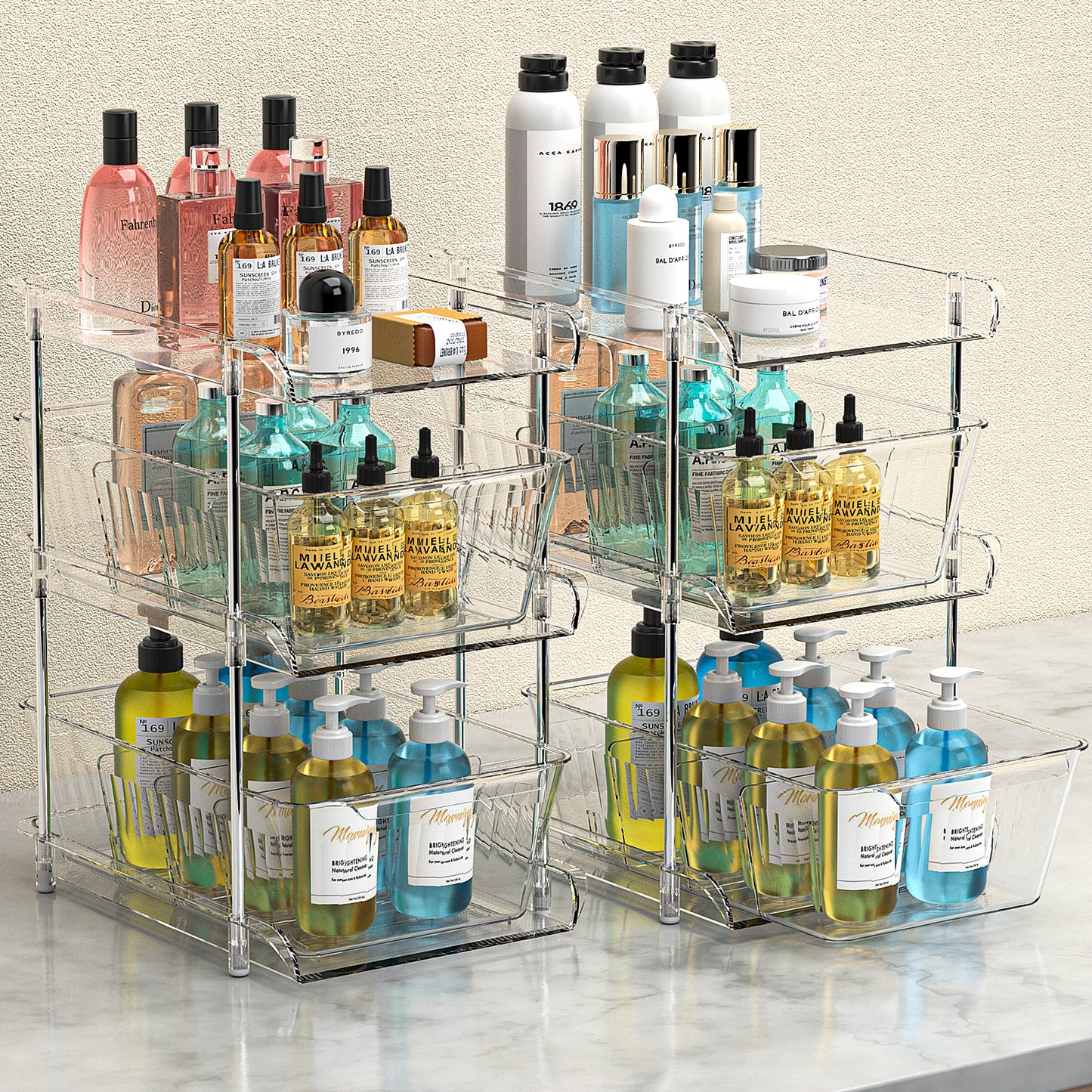 GoMaihe 3-stufiger Badezimmer-Organizer mit Trennwänden, 2er-Pack, transparent