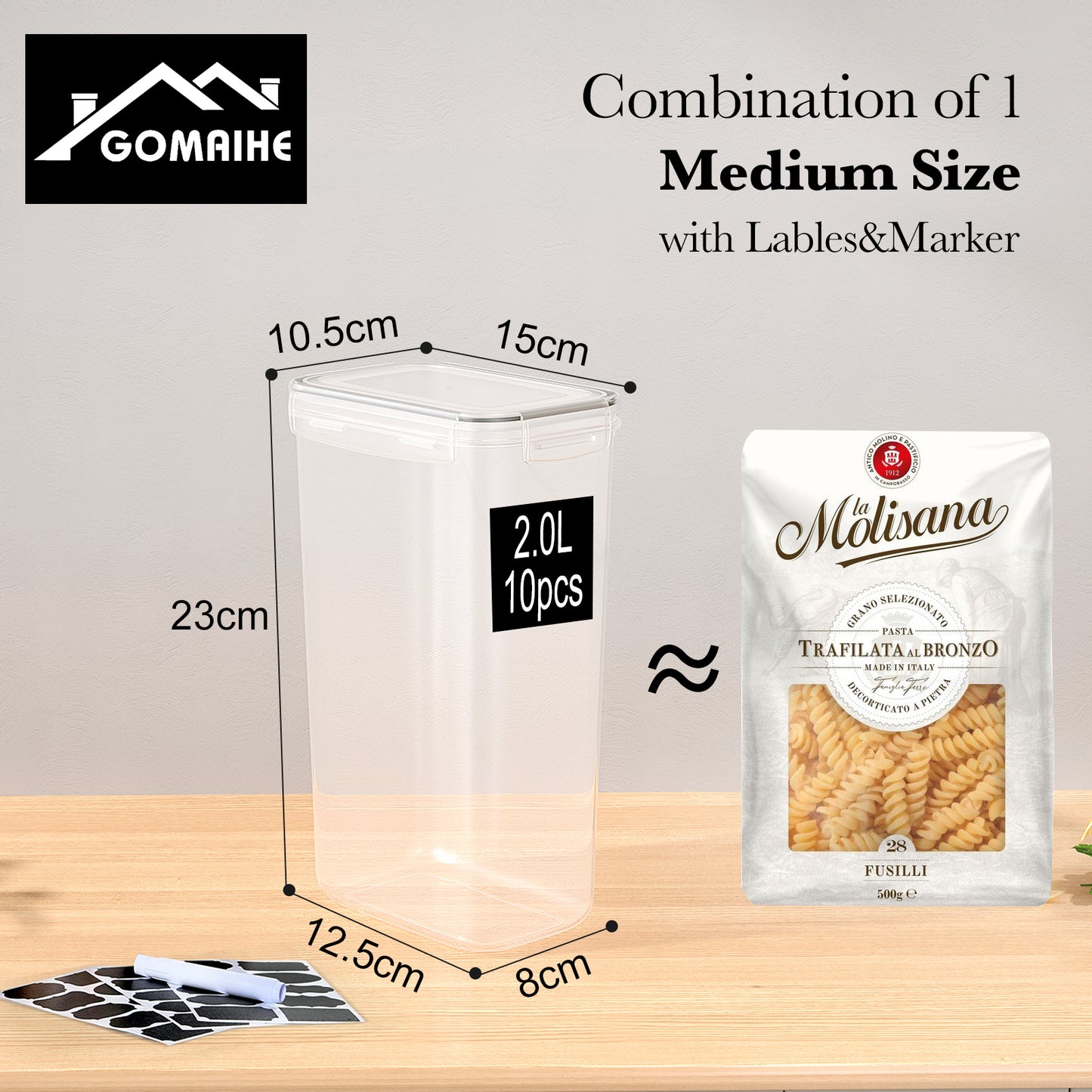 GoMaihe 2L Storage Containers Set of 10: Airtight Food Storage Containers with Lids | Kitchen Storage Box for Cereal, Flour, Pasta, Sugar | BPA-Free | Dishwasher Safe | with Labels & Markers
