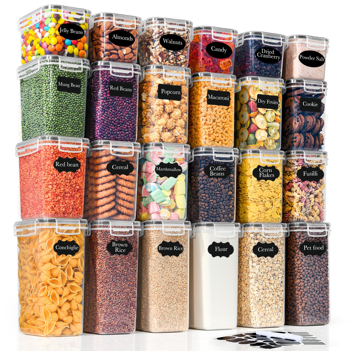 GoMaihe Airtight Storage Containers with Lids, Set of 24: Food Storage Containers with Labels & Markers | Kitchen Storage Box for Cereal, Flour, Cornflakes, Sugar | BPA-Free | Dishwasher Safe