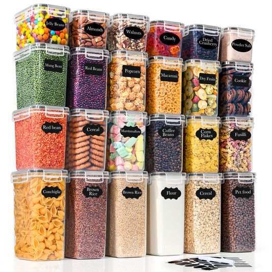 GoMaihe Airtight Storage Containers with Lids, Set of 24: Food Storage Containers with Labels & Markers | Kitchen Storage Box for Cereal, Flour, Cornflakes, Sugar | BPA-Free | Dishwasher Safe