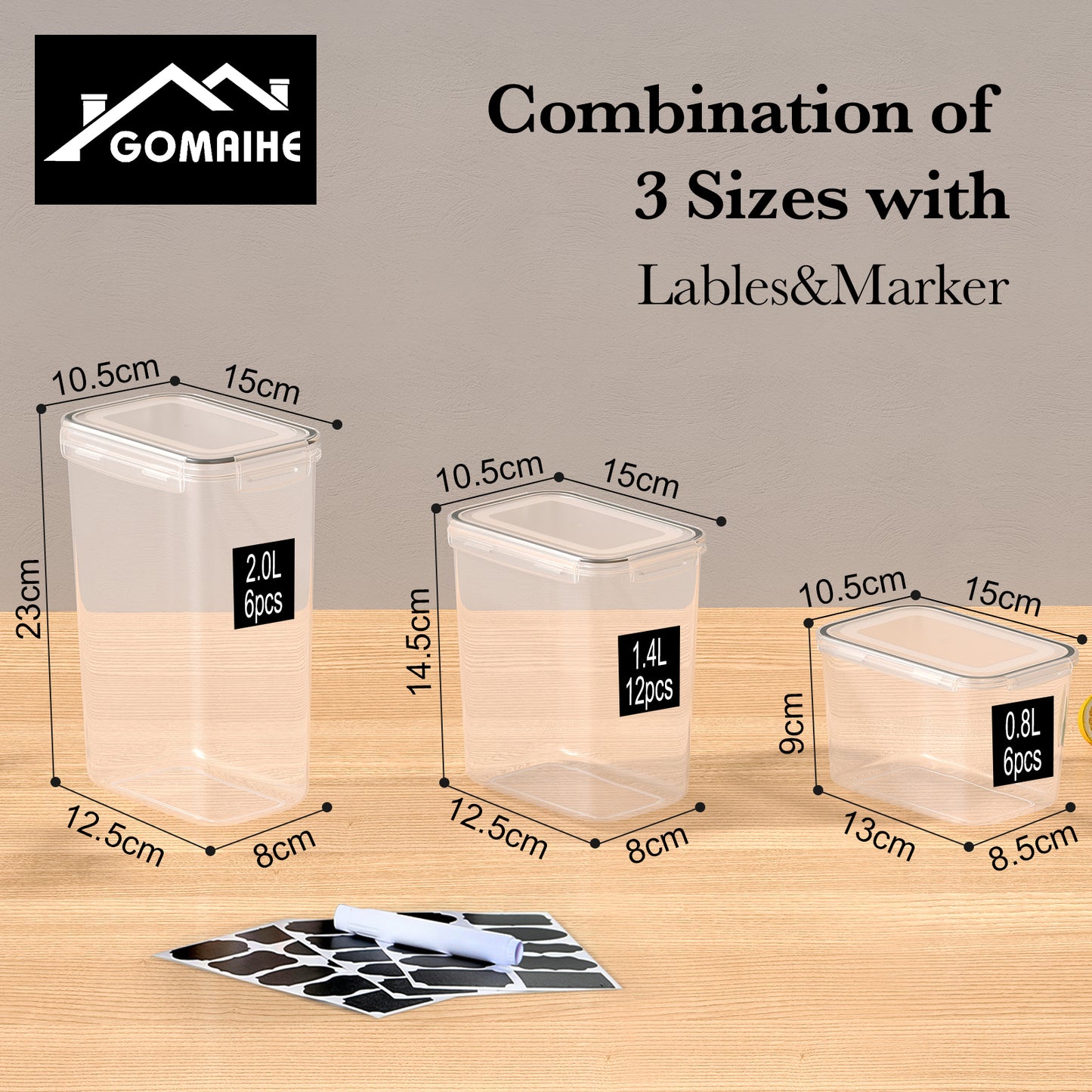 GoMaihe Airtight Storage Containers with Lids, Set of 24: Food Storage Containers with Labels & Markers | Kitchen Storage Box for Cereal, Flour, Cornflakes, Sugar | BPA-Free | Dishwasher Safe