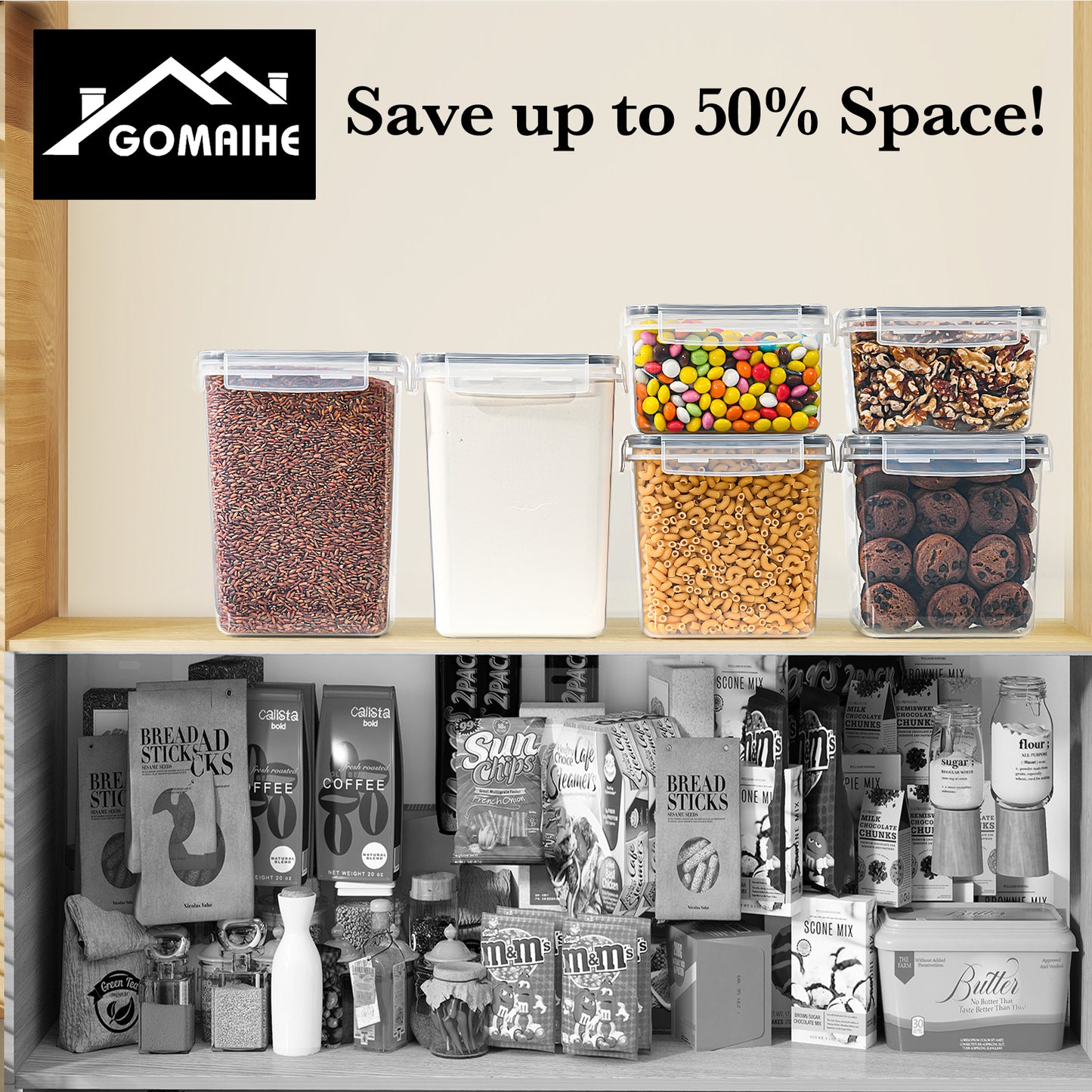 GoMaihe Airtight Storage Containers with Lids, Set of 24: Food Storage Containers with Labels & Markers | Kitchen Storage Box for Cereal, Flour, Cornflakes, Sugar | BPA-Free | Dishwasher Safe