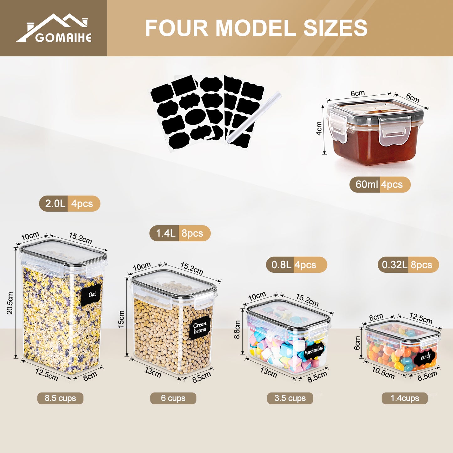 GoMaihe Storage Jars, Set of 28, Storage Box, Kitchen Organiser, Airtight Storage Container, Plastic with Lid, Storage Container for Cereal, Flour, Coffee Beans, Cornflakes, Storage, 2 L, 1.4 L, 0.8