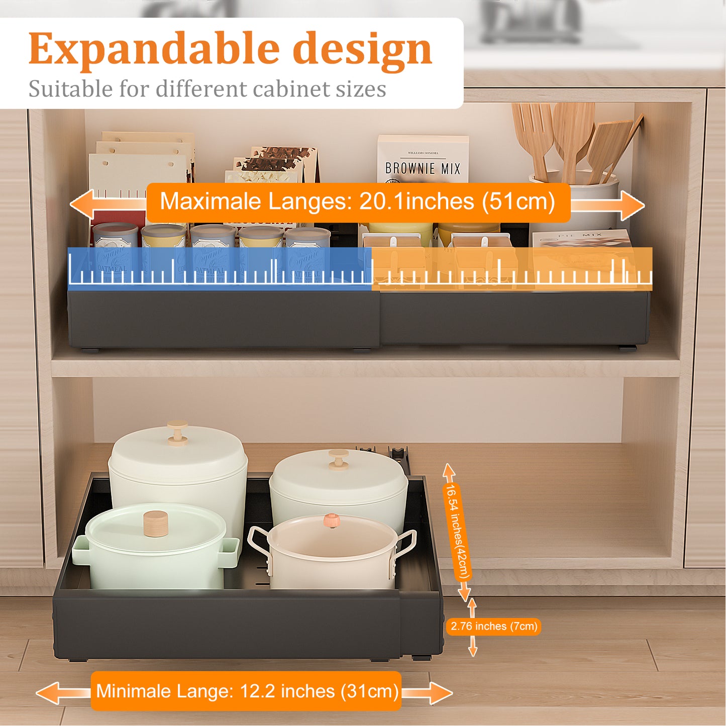 PNNP 2 pieces telescopic drawer extendable kitchen drawer: width adjustable 32-53 cm with self-adhesive pull-out rails without drilling for retrofitting and organizing cupboards | Black