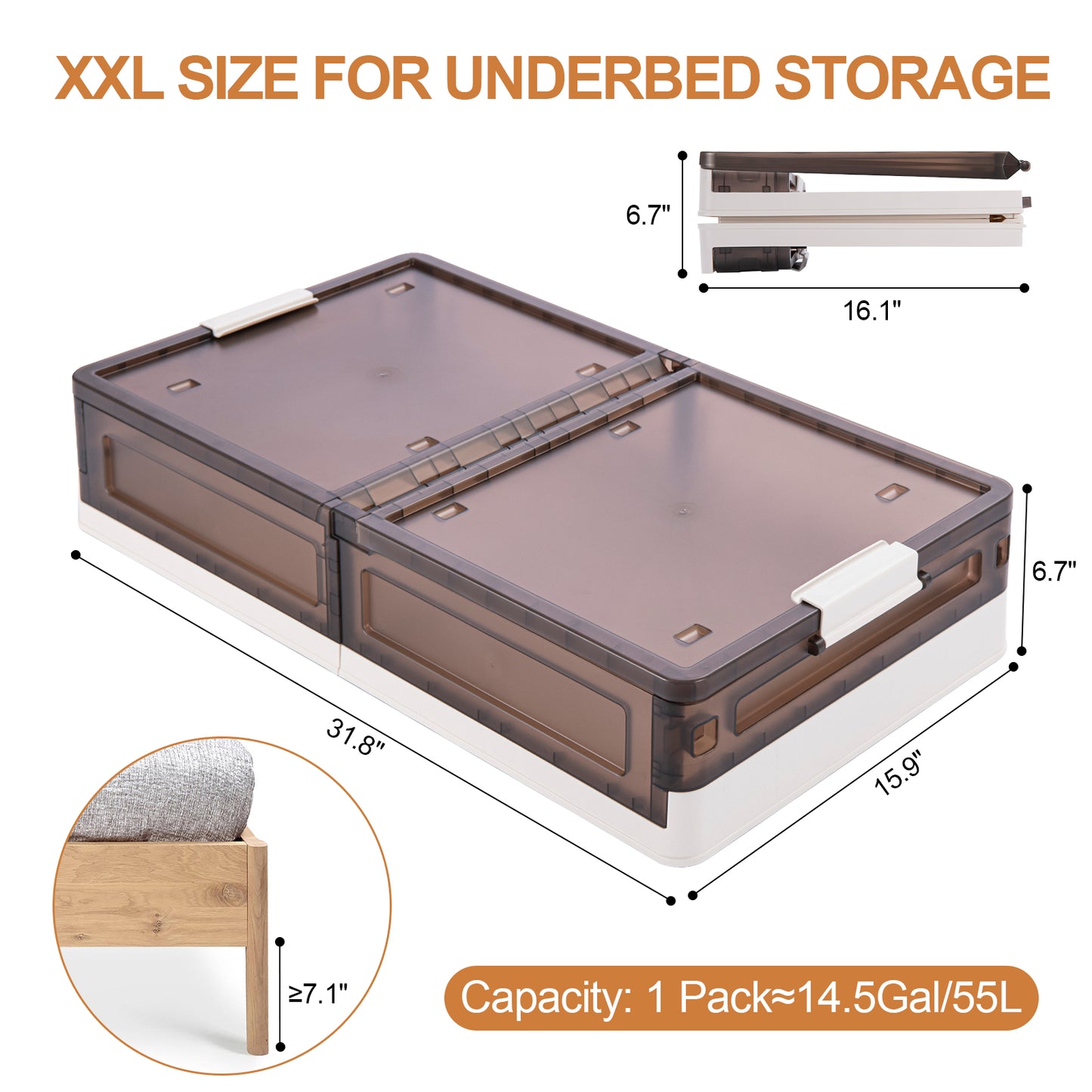 GoMaihe Under Bed Storage Containers Plastic with Wheels 2-Pack (55L,Stackable)