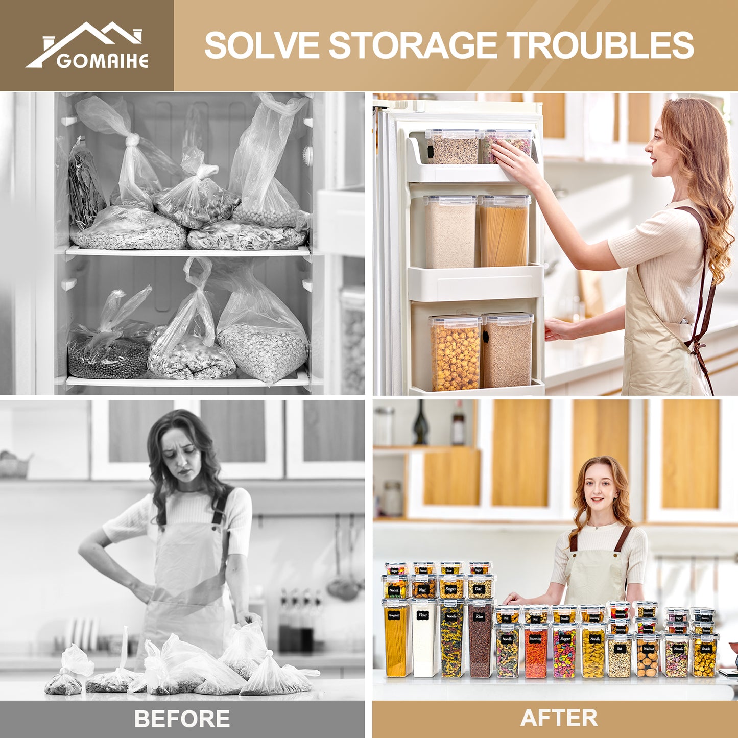 GoMaihe Airtight Food Storage Containers with Lids: 32Pcs Plastic Food Containers | Kitchen & Pantry Organizers and Storage for Cereal, Flour, Sugar, Snacks | Includes Labels, Marker