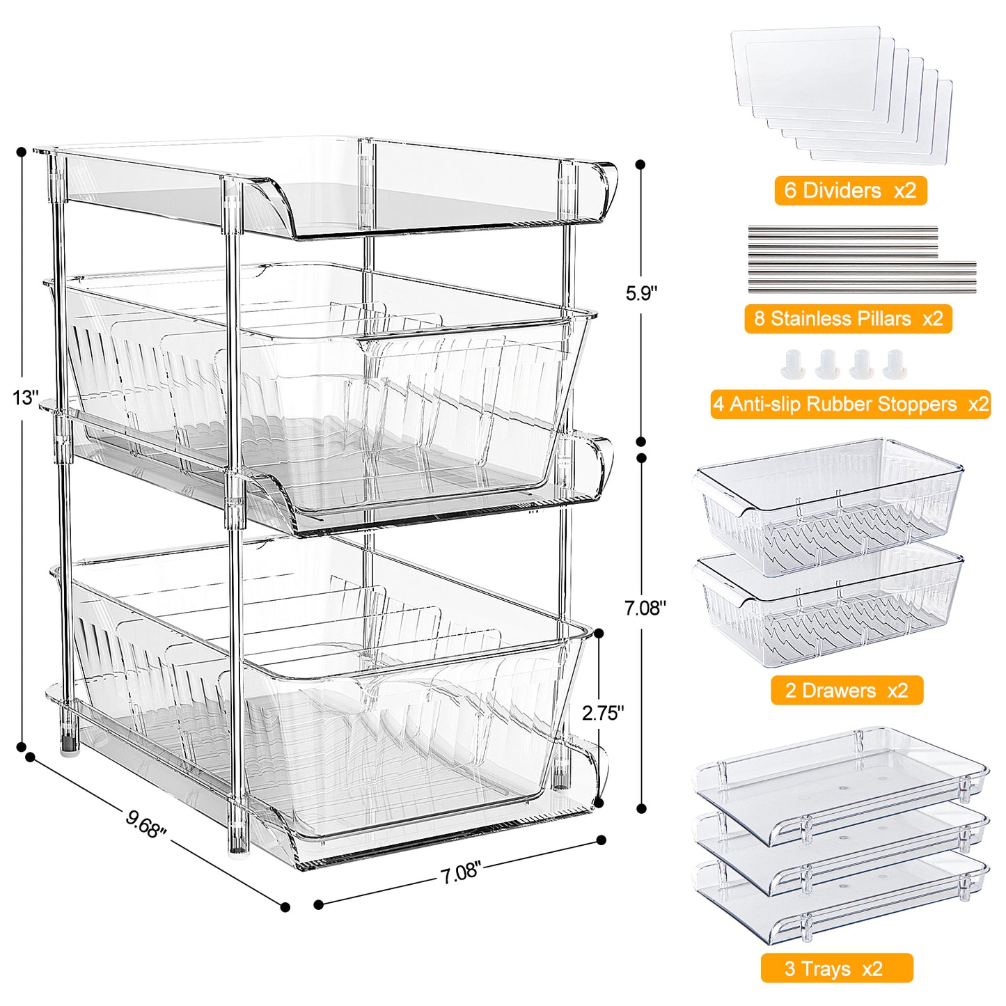 GoMaihe 3-stufiger Badezimmer-Organizer mit Trennwänden, 2er-Pack, transparent