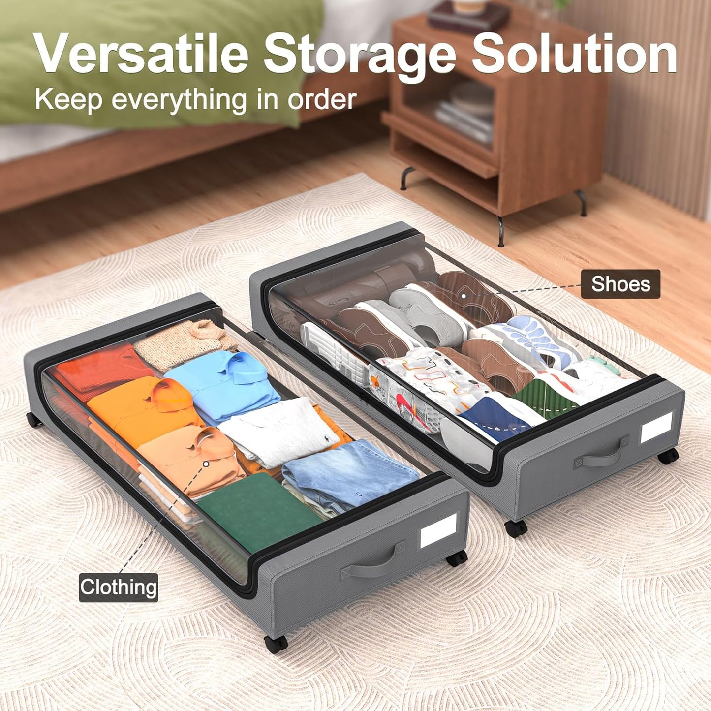 GoMaihe Under Bed Storage with Wheels: 70L Underbed Storage Containers with Lids - Rolling Bins for Shoes Clothes in Dorm Bedroom - Metal Drawers Easy Pull-out Grey 2-Pack