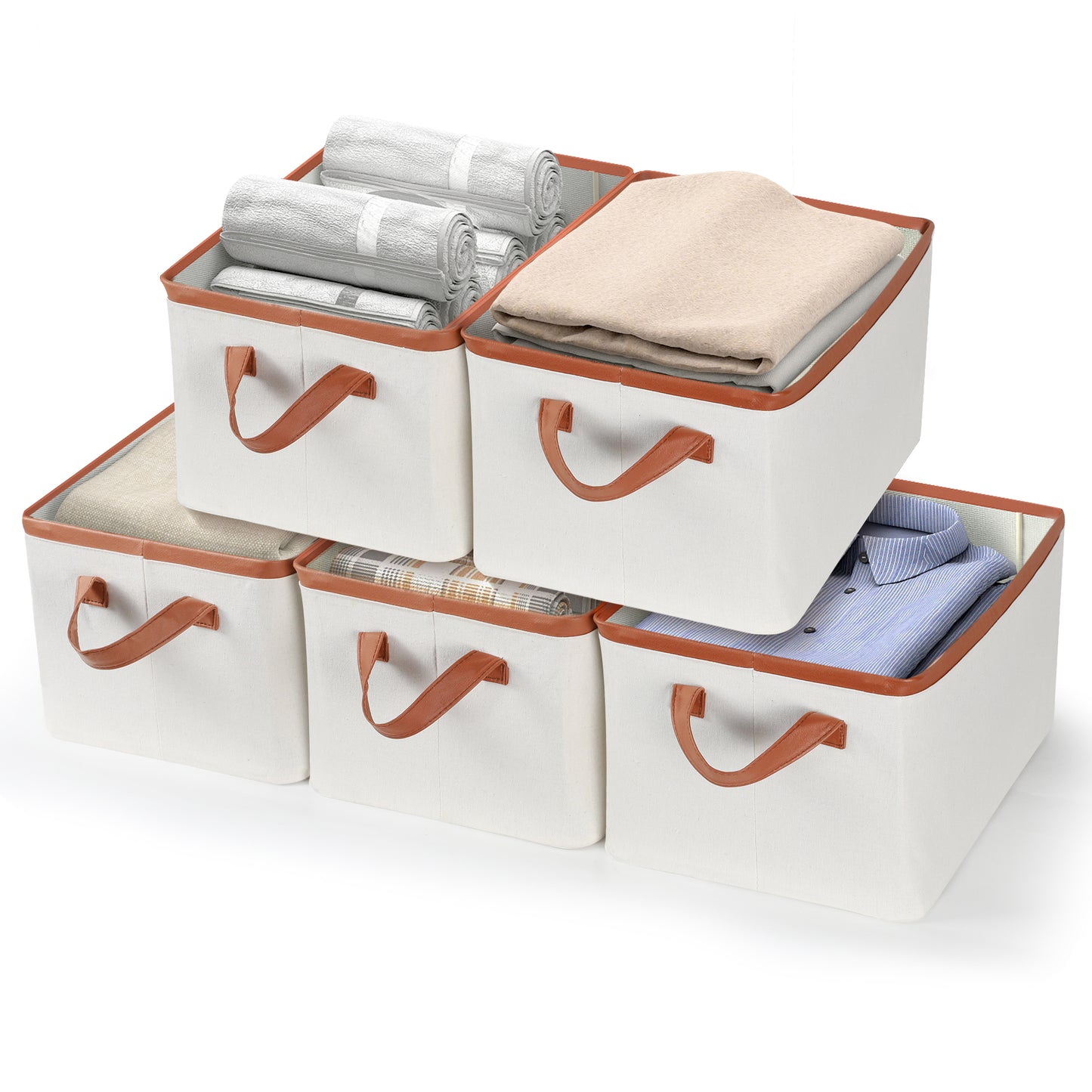 Storage Box Made of Fabric, Collapsible for Wardrobe: Storage basket with leather handle for shelves, children's room, bedroom, living room | 5 Pack | 37x26x20cm(24L) | Beige