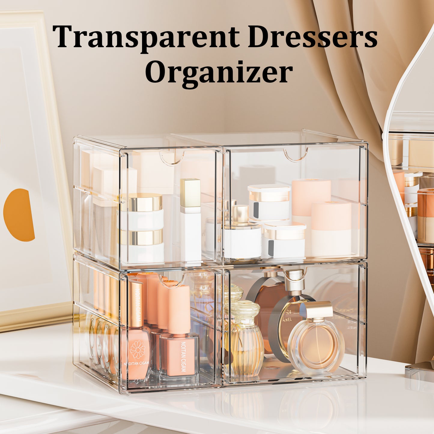 SortNStore Make up Organizer mit 4 Schubladen: 2er-Set Acryl Schreibtisch Organizer mit Anti-Rutsch-Pads | Stapelbare Schubladenbox für Kosmetik, Schmuck & Schreibwaren