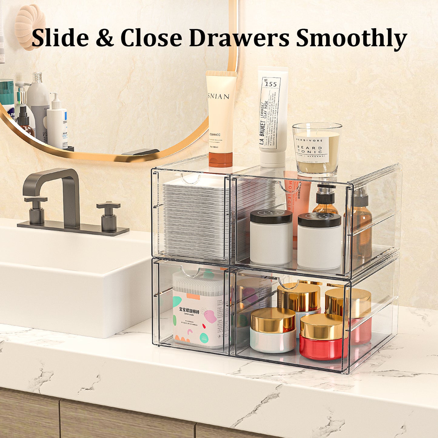 SortNStore Make up Organizer mit 4 Schubladen: 2er-Set Acryl Schreibtisch Organizer mit Anti-Rutsch-Pads | Stapelbare Schubladenbox für Kosmetik, Schmuck & Schreibwaren
