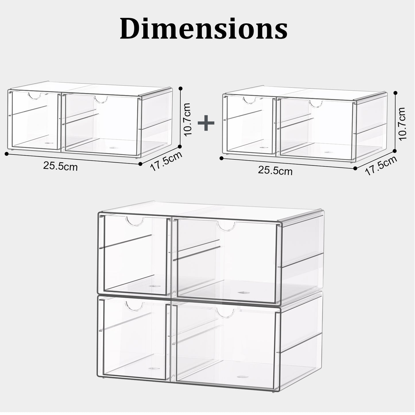 SortNStore Make up Organizer mit 4 Schubladen: 2er-Set Acryl Schreibtisch Organizer mit Anti-Rutsch-Pads | Stapelbare Schubladenbox für Kosmetik, Schmuck & Schreibwaren