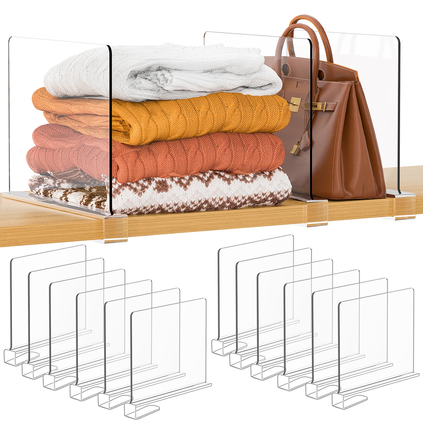 Purse Organizer for Closet Shelf Dividers: 12-Pack Adjustable Clear Acrylic Bag Storage Organizer for Handbags, Sweaters, Towels, Jeans and Shoes on Wood Shelves
