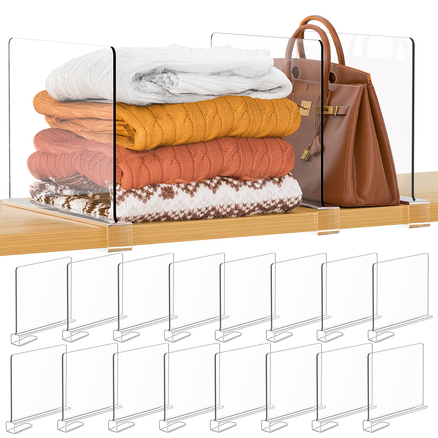 Purse Organizer for Closet Shelf Dividers: 16-Pack Adjustable Clear Acrylic Bag Storage Organizer for Handbags, Sweaters, Towels, Jeans and Shoes on Wood Shelves