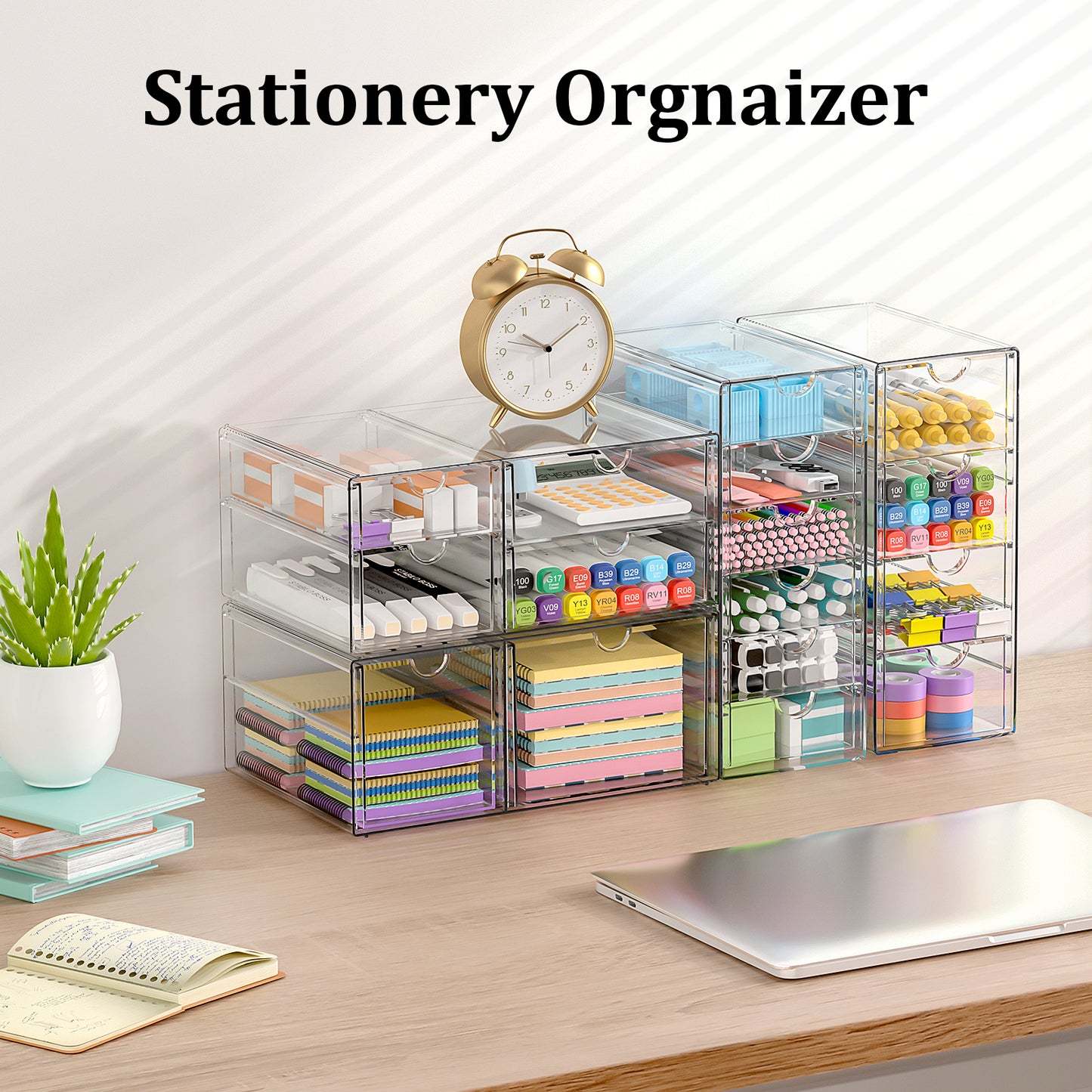 SortNStore Schreibtisch Organizer with 16 Schubladen: 4er-Set Make up Organizer mit Anti-Rutsch-Pads | Stapelbare Schubladenbox für Kosmetik, Bürobedarf, Werkzeug, Bausteine