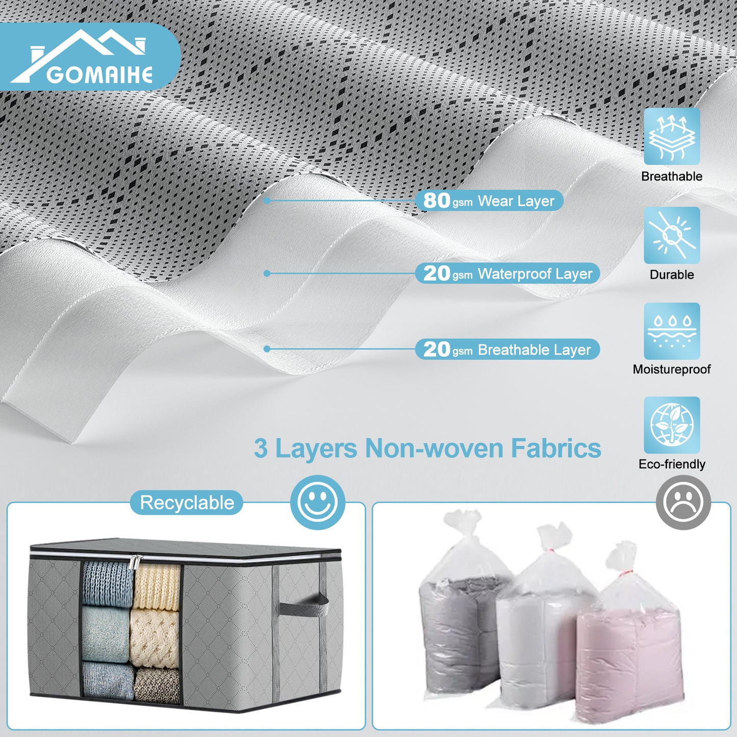 GoMaihe Clothes Storage Bags 6 Pack, Foldable Storage Bins Closet Organizers Stackable Containers with Reinforced Handles and Lids, Grid Gray