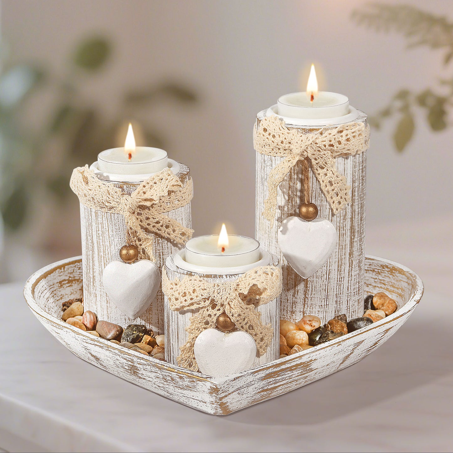 GoMaihe Wooden Candle Holder with Tray, Dining Table Centernpiece Living Room Decor Gift for Holiday