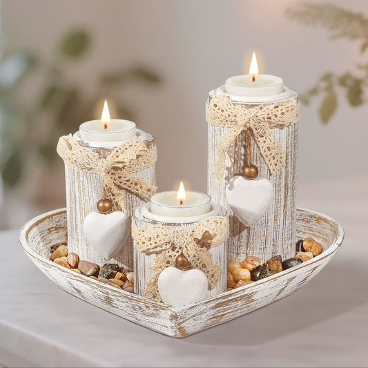 GoMaihe Wooden Candle Holder with Tray, Dining Table Centernpiece Living Room Decor Gift for Holiday
