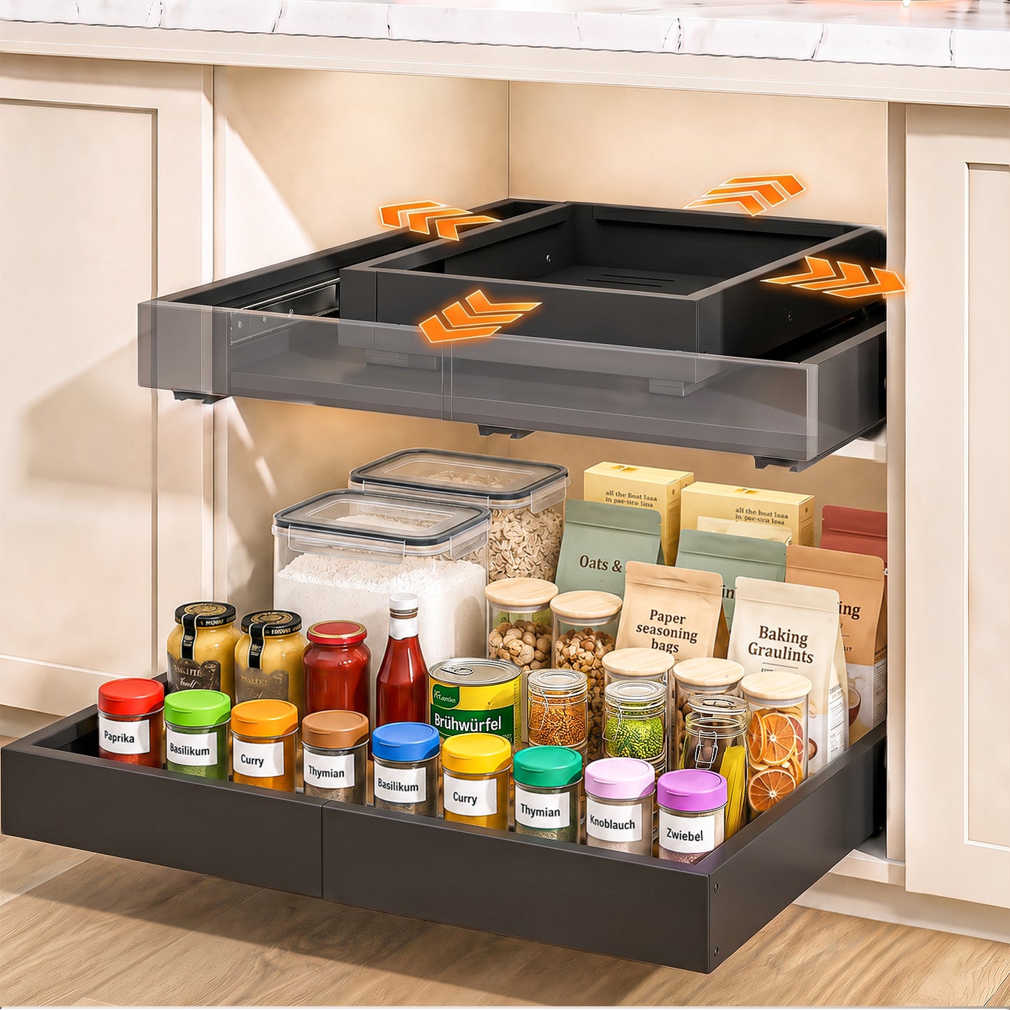 2 Pieces 4-Directional Telescopic Kitchen Drawer: Extendable Drawer | Adjustable Width 30–51cm & Depth 41–59cm with Self-Adhesive Drawer Rails for Retrofitting and Organizing Cabinets, Black