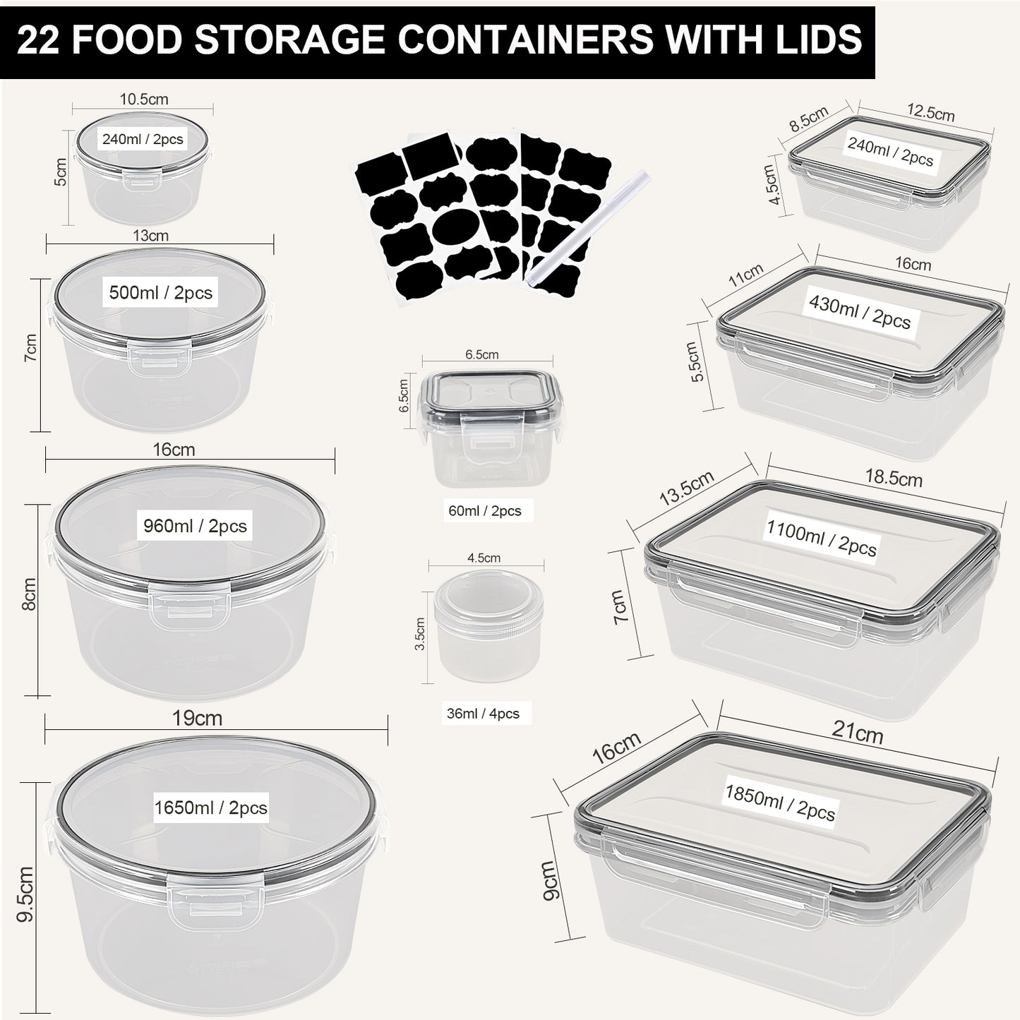 GoMaihe Conteneurs de Stockage Alimentaire avec Couvercles 44 Pièces (22 Conteneurs + 22 Couvercles) pour Lave-Vaisselle, Micro-ondes et Congélateur, Sans BPA