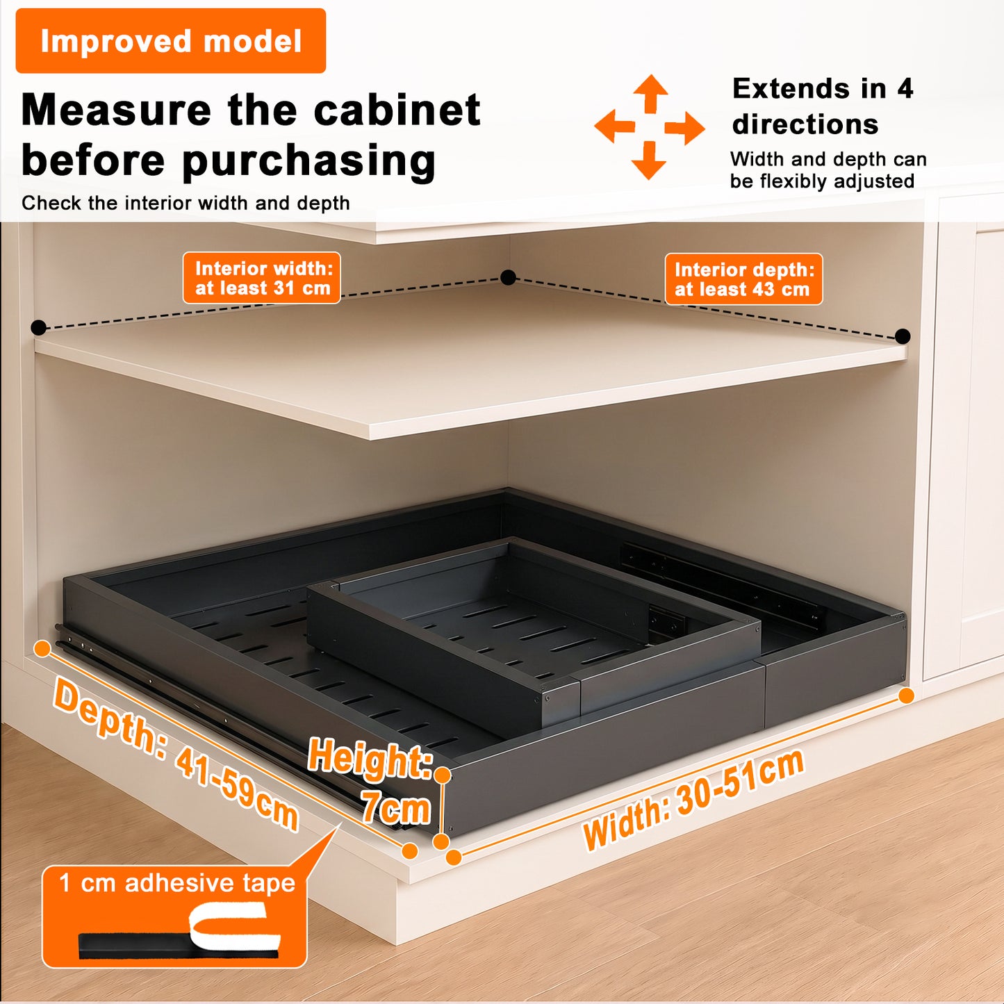 2 Pieces 4-Directional Telescopic Kitchen Drawer: Extendable Drawer | Adjustable Width 30–51cm & Depth 41–59cm with Self-Adhesive Drawer Rails for Retrofitting and Organizing Cabinets, Black