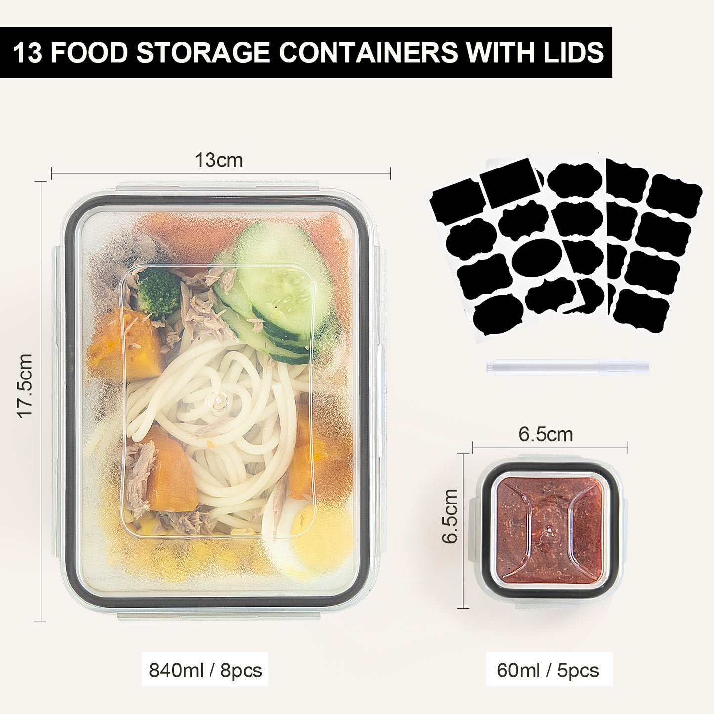 Food Storage Containers with Lids 13PCS: BPA-Free Airtight Meal Prep - Freezer Boxes Microwave Dishwasher Safe - Labels & Marker