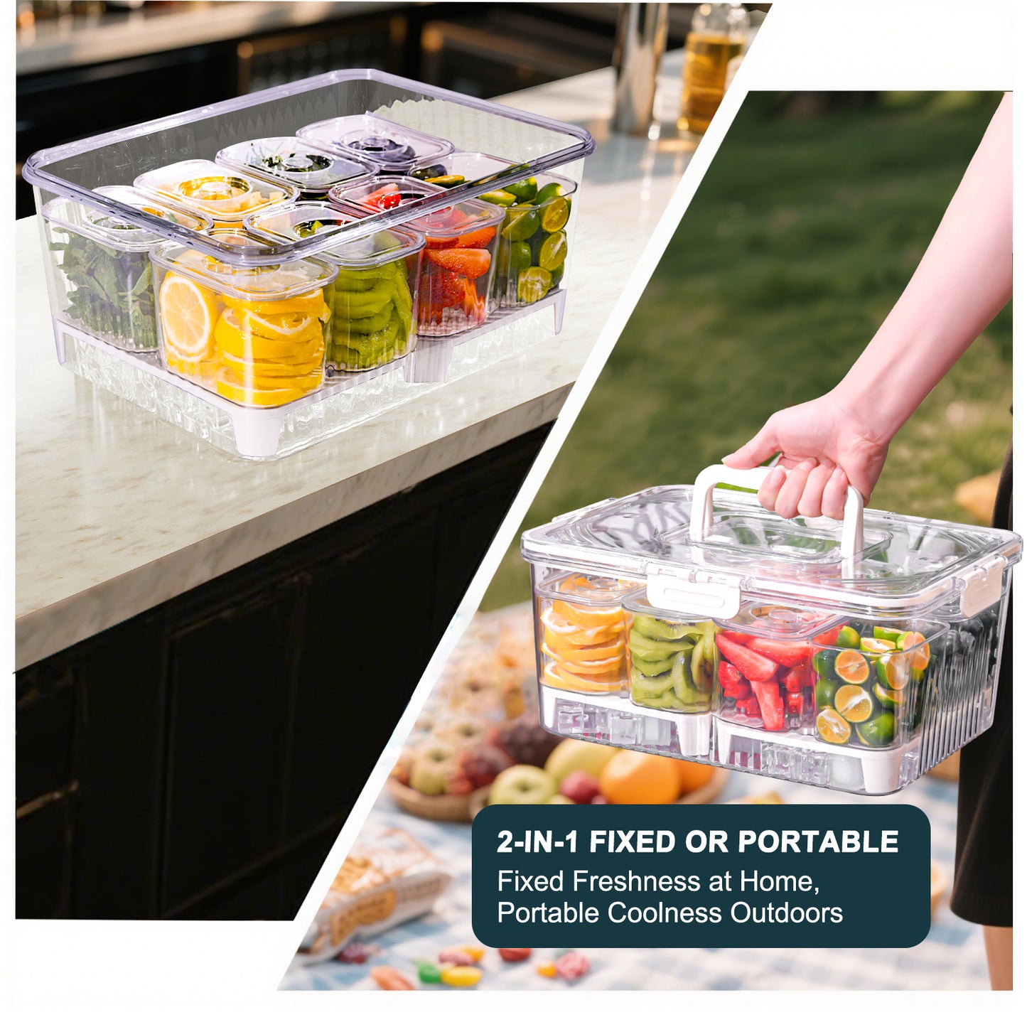 Taco Bar Serving Set for Party: Ice Chilled Condiment Caddy with Lid and Handle, Divided Serving Tray Platters with 8 Containers, Mimosa Supplies Bar Garnish Accessories for Picnic Fruit Salad